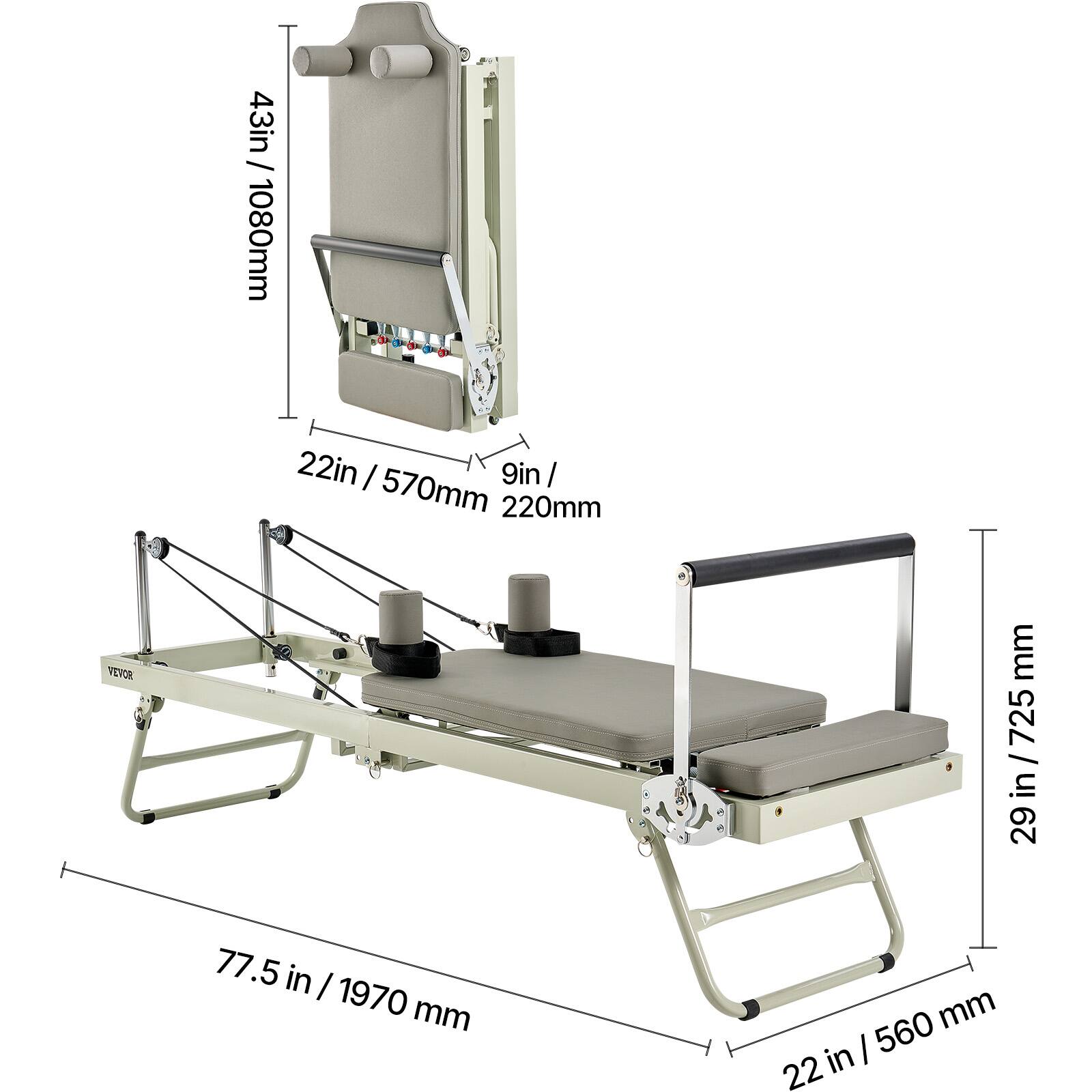 Here is the corrected and grouped text from the image:

- Height: 43 in / 1080 mm
- Width: 22 in / 570 mm
- Depth: 9 in / 220 mm
- Length: 29 in / 735 mm
- Width of the base: 22 in / 560 mm
- Height of the base: 7.5 in / 190 mm