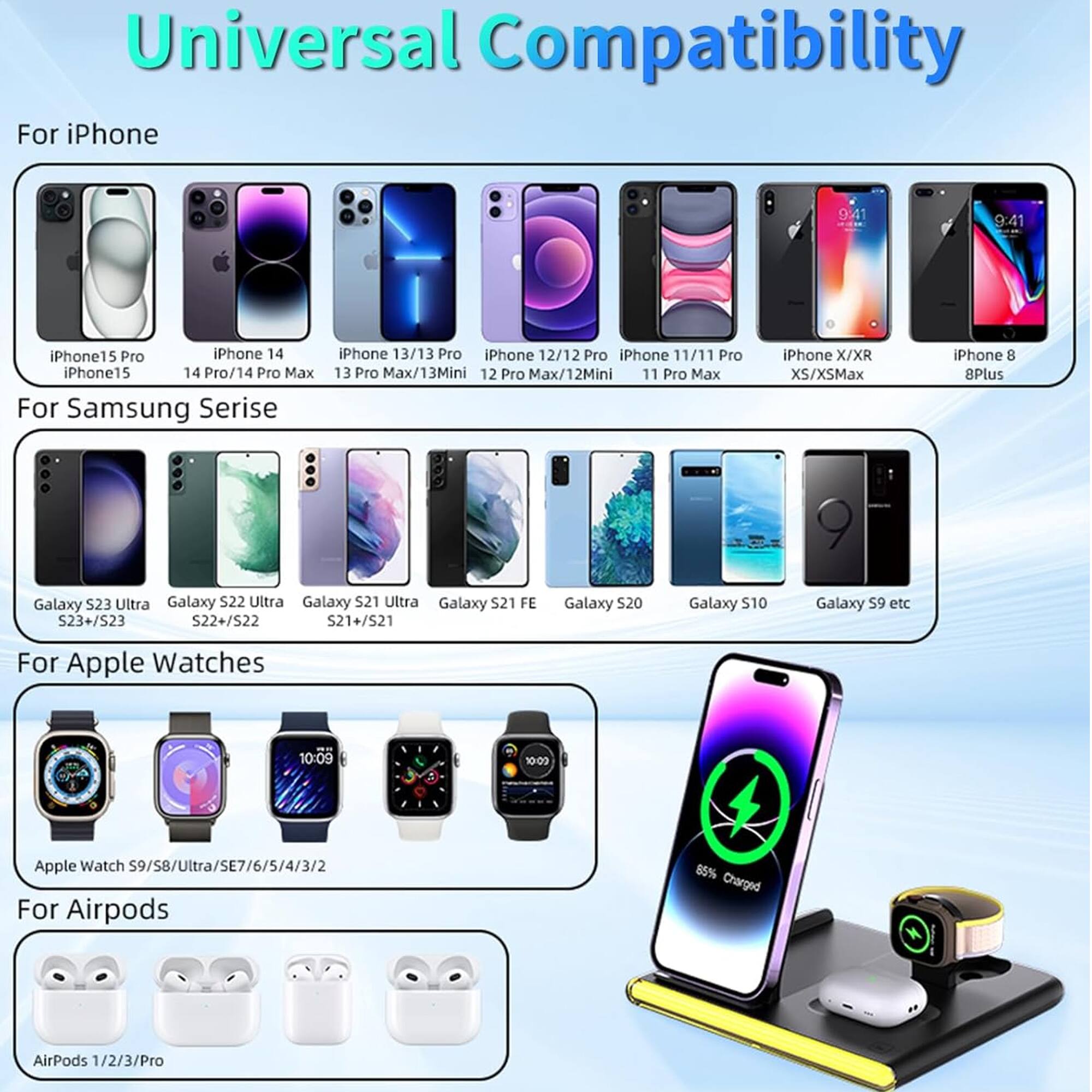 Universal Compatibility

For iPhone
- iPhone 15 Pro
- iPhone 14
- iPhone 13/13 Pro
- iPhone 12/12 Pro
- iPhone 11/11 Pro
- iPhone X/XR
- iPhone 8
- iPhone 8 Plus
- iPhone 14 Pro/14 Pro Max
- iPhone 13 Pro Max/13 Mini
- iPhone 12 Pro Max/12 Mini
- iPhone 11 Pro Max
- iPhone XS/XS Max

For Samsung Series
- Galaxy S23 Ultra
- Galaxy S22 Ultra
- Galaxy S21 Ultra
- Galaxy S21 FE
- Galaxy S23+/S23
- Galaxy S22+/S22
- Galaxy S21+/S21
- Galaxy S20
- Galaxy S10
- Galaxy S9 etc

For Apple Watches
- Apple Watch S9/S8/Ultra/SE/7/6/5/4/3/2

For Airpods
- AirPods 1/2/3/Pro