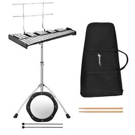Costway - 32 Note Glockenspiel xylophone Percussion Bell Kit w/ Adjustable Stand - Black,Silver
