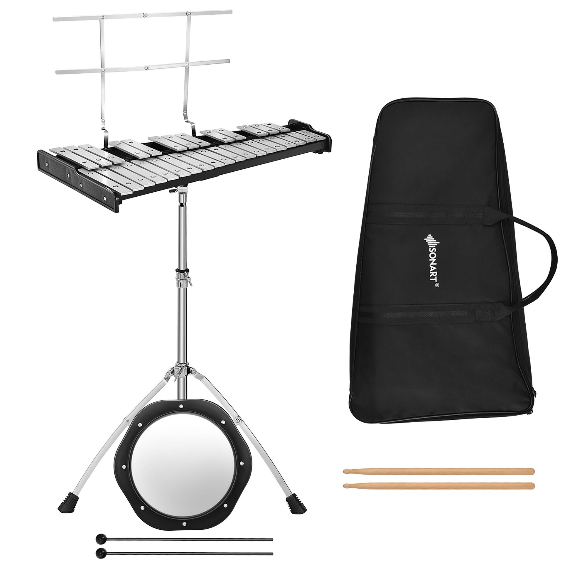 Costway - 32 Note Glockenspiel xylophone Percussion Bell Kit w/ Adjustable Stand - Black,Silver