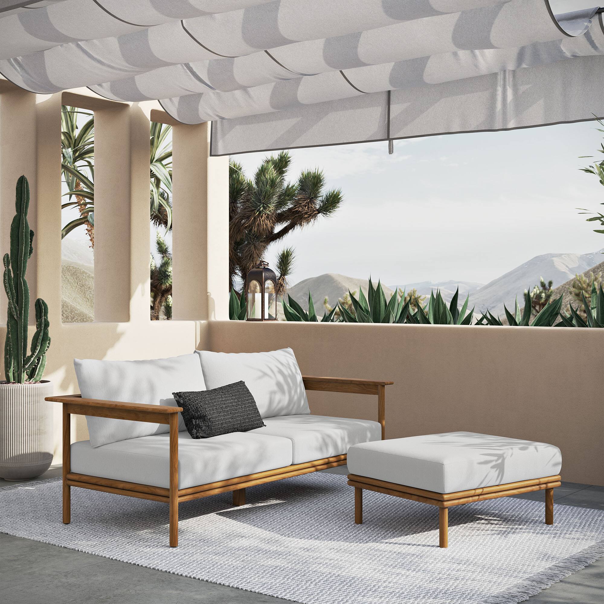 Alt View 3. Modway - Wren 2-Piece Outdoor Teak Wood Sofa and Ottoman Set - Natural Sail.