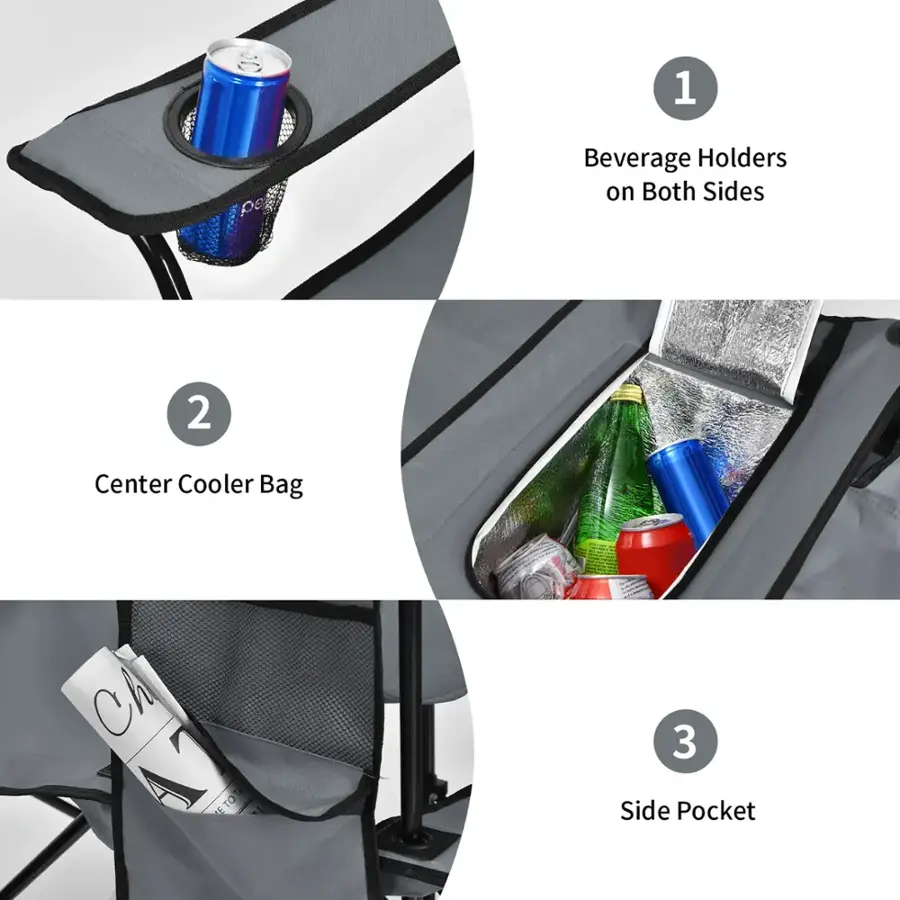 1. Beverage Holders on Both Sides
2. Center Cooler Bag
3. Side Pocket