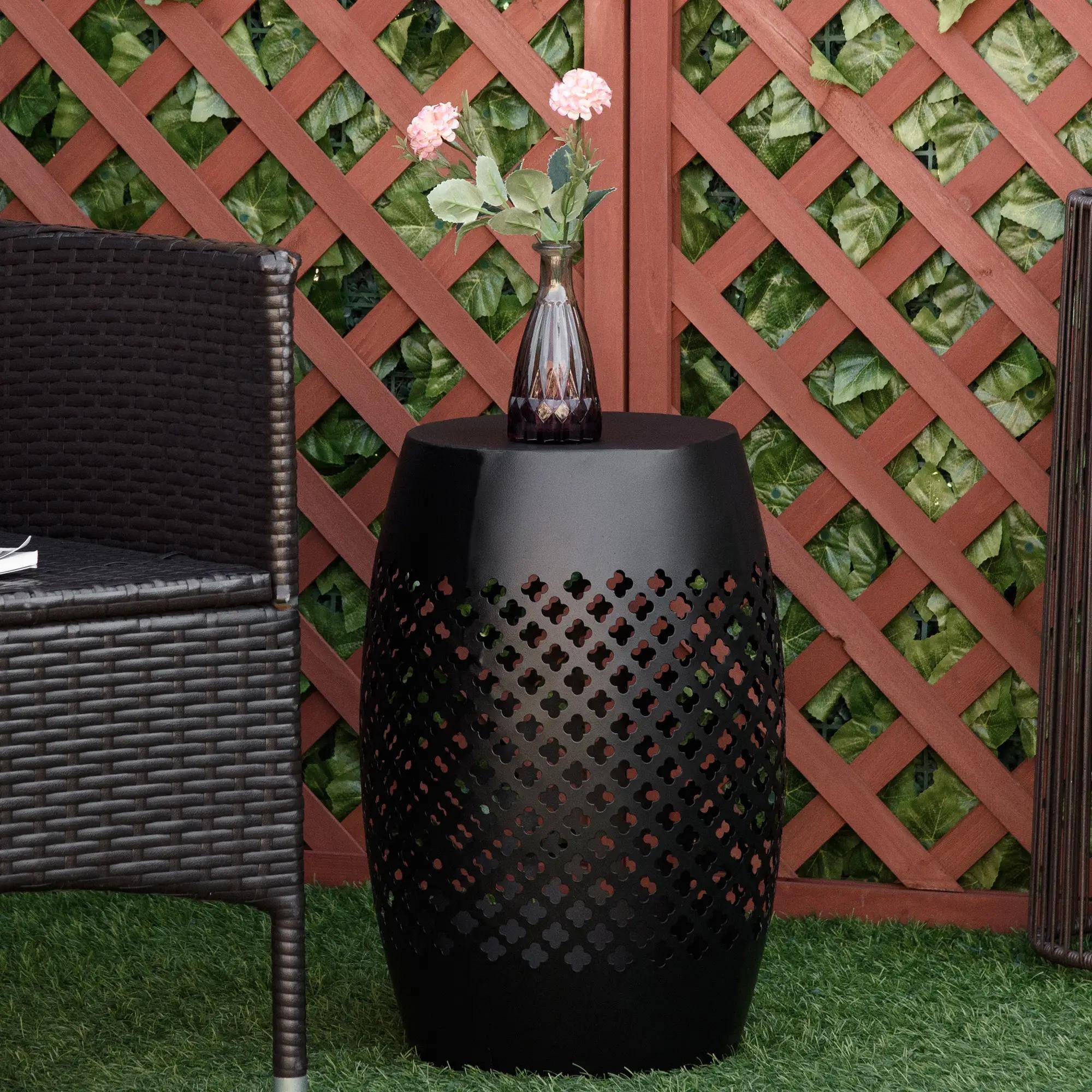 Left. Resenkos - Resenkos Outdoor Side Table, Round Hollow Drum Patio End Table, Steel, Black - Black.