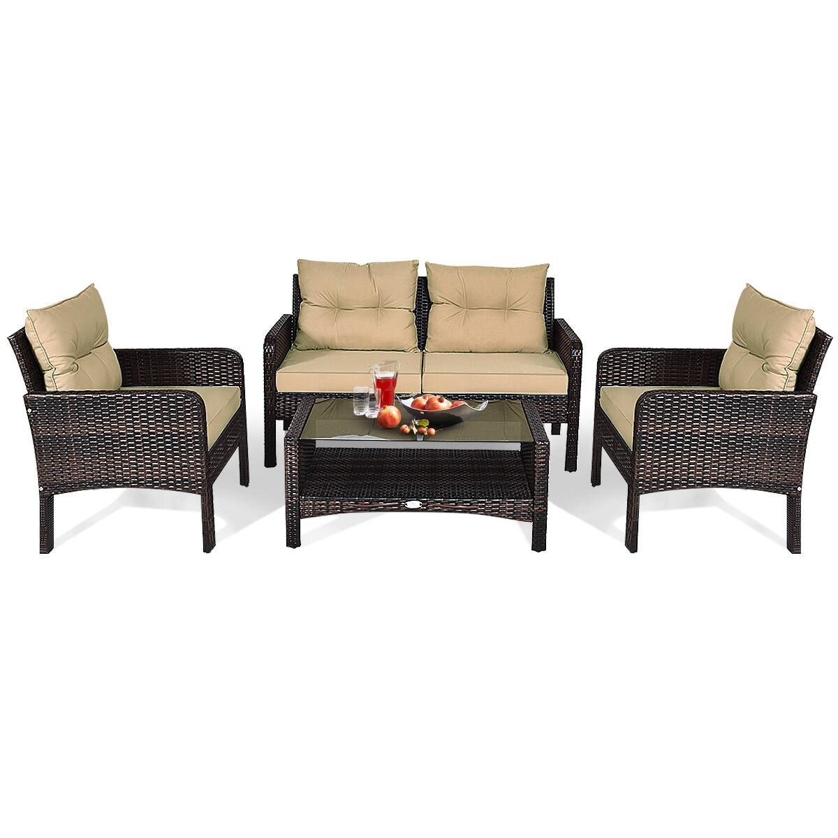 Alt View 1. Gymax - Gymax 4PCS Rattan Wicker Patio Conversation Set Cushioned Outdoor Furniture Set - Khaki.