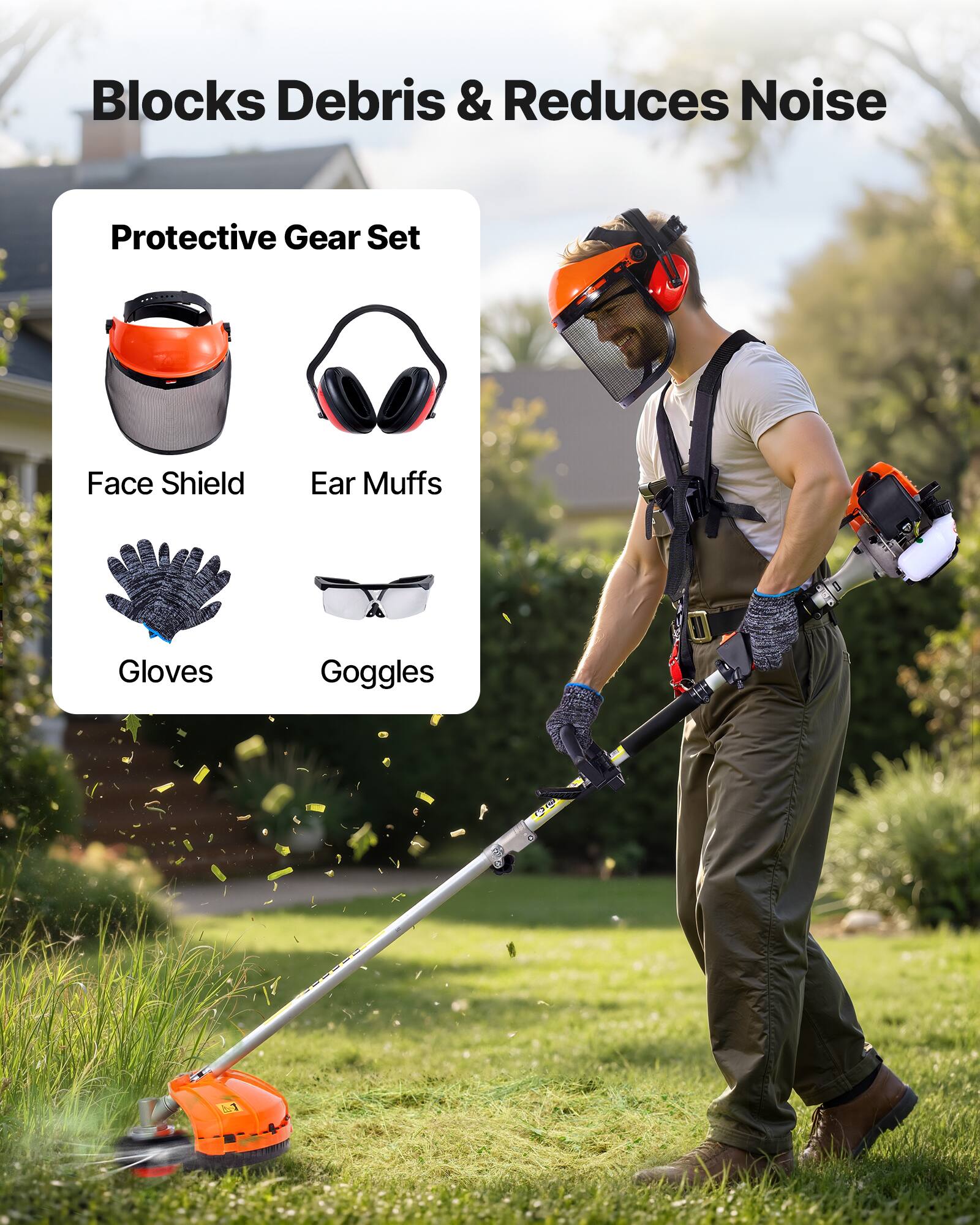 Blocks Debris & Reduces Noise  
Protective Gear Set  
- Face Shield  
- Ear Muffs  
- Gloves  
- Goggles