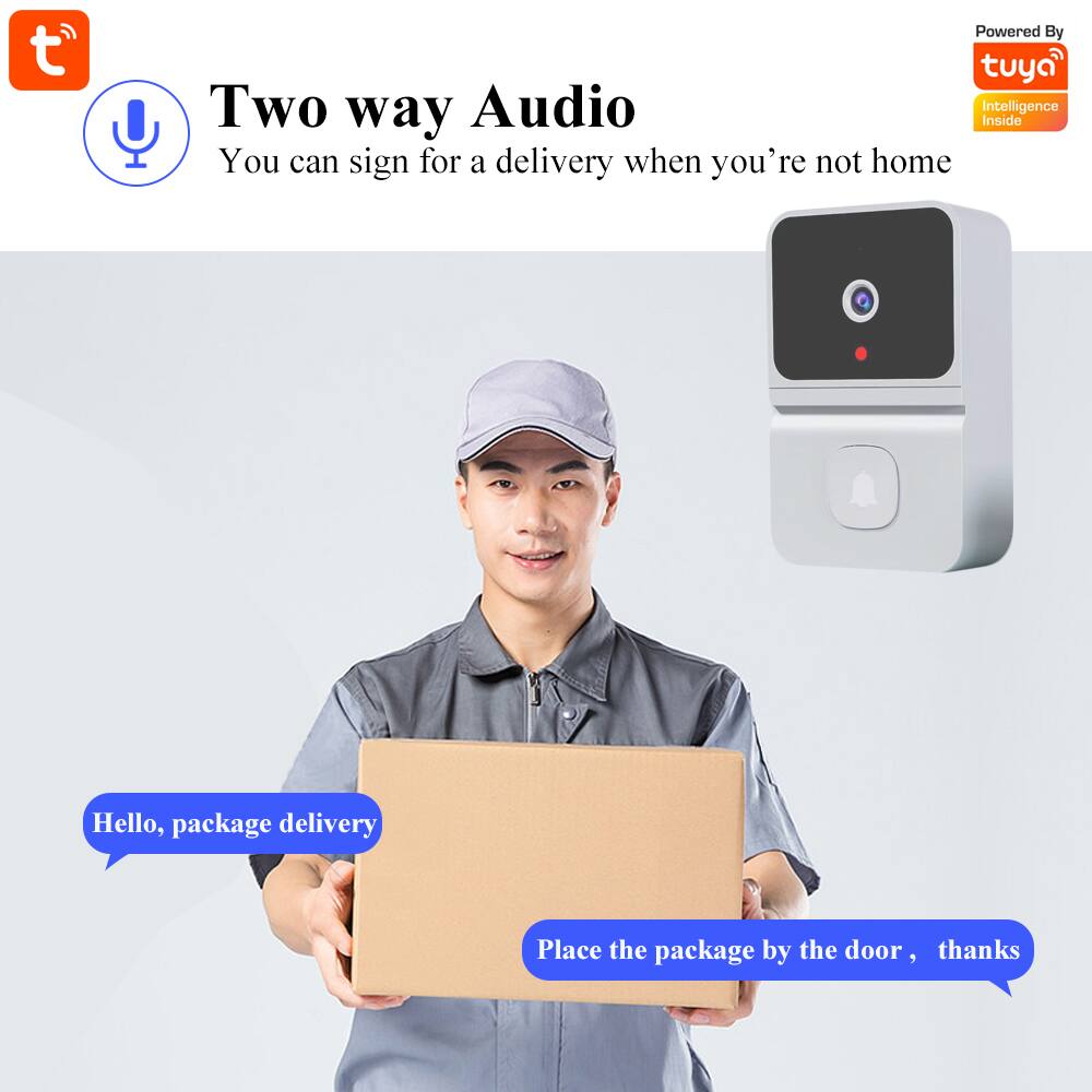 Two way Audio  
You can sign for a delivery when you're not home  

Hello, package delivery  
Place the package by the door, thanks  

Powered By  
tuya  
Intelligence Inside