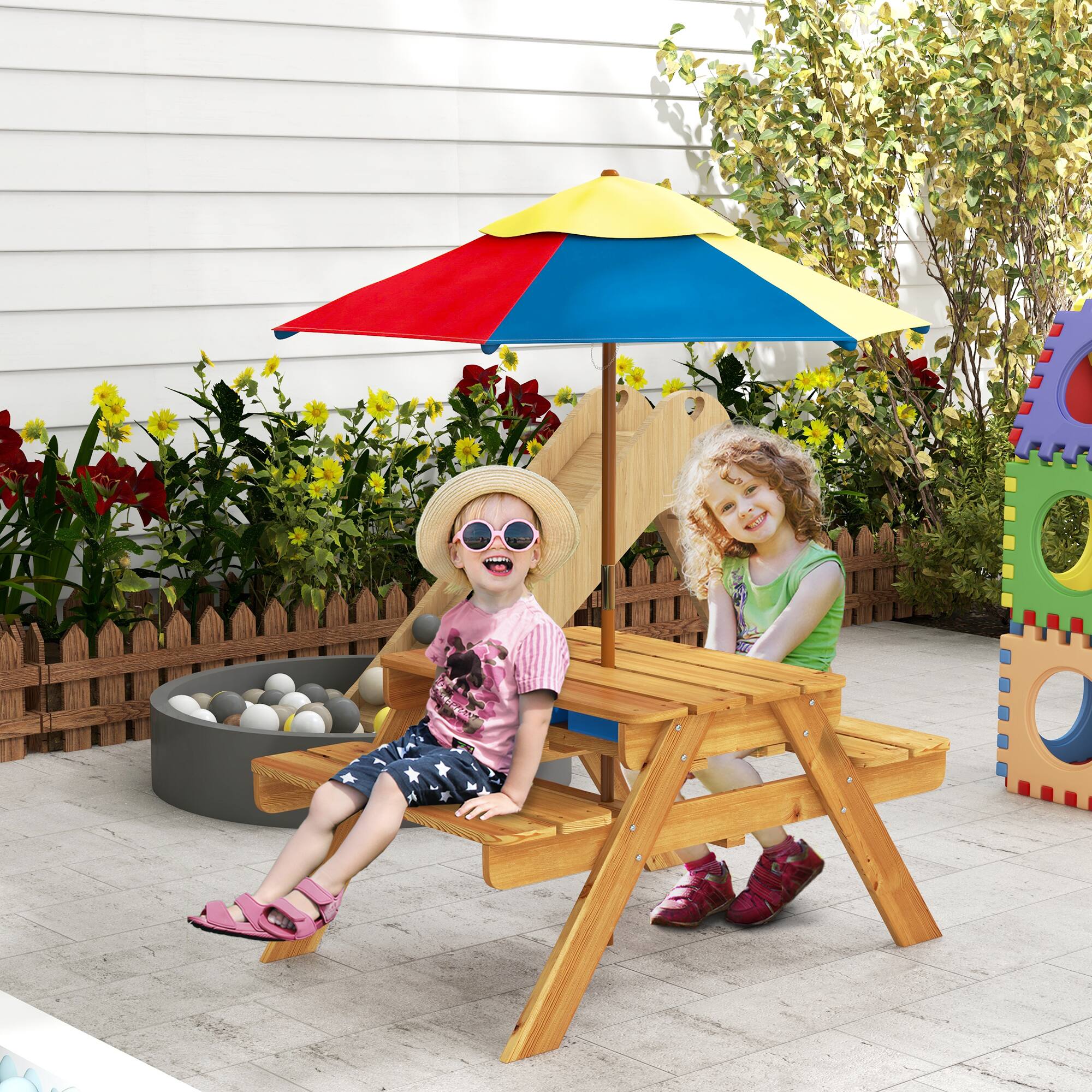 Angle. Outsunny - Kids Picnic Table with Foldable Umbrella, 3 in 1 Sand/Water Activity Table with 2 Play Boxes, Removable Top - Teak.