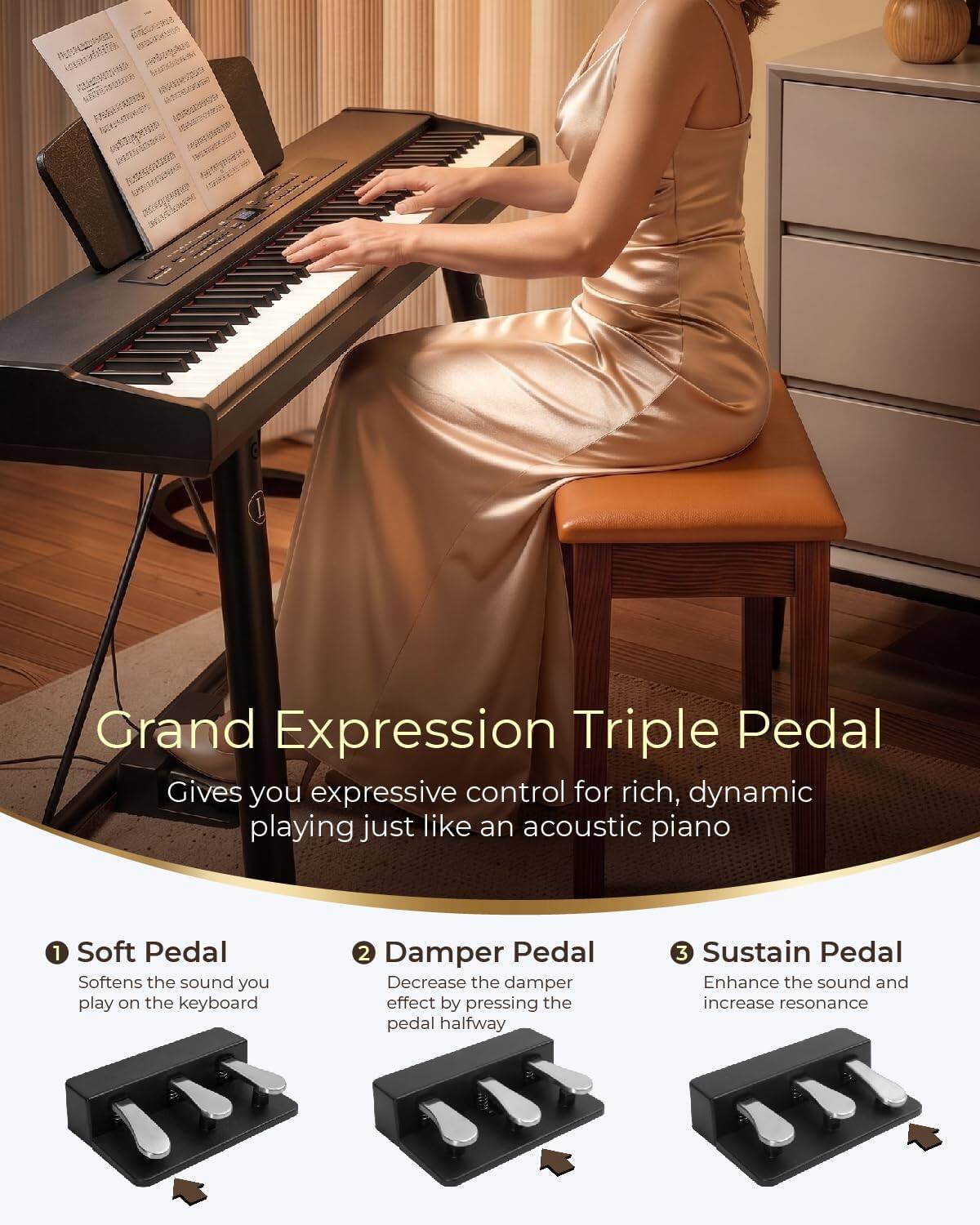 Grand Expression Triple Pedal  
Gives you expressive control for rich, dynamic playing just like an acoustic piano

1. Soft Pedal  
Softens the sound you play on the keyboard

2. Damper Pedal  
Decrease the damper effect by pressing the pedal halfway

3. Sustain Pedal  
Enhance the sound and increase resonance