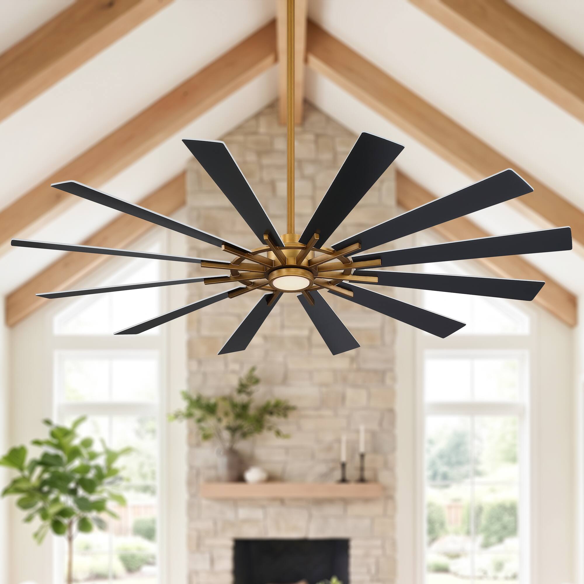 Front. Parrot Uncle - 72" Large Farmhouse Reversible Windmill Ceiling Fan, 12-Blade with Dimmable LED and 6-Speed Remote - Gold.