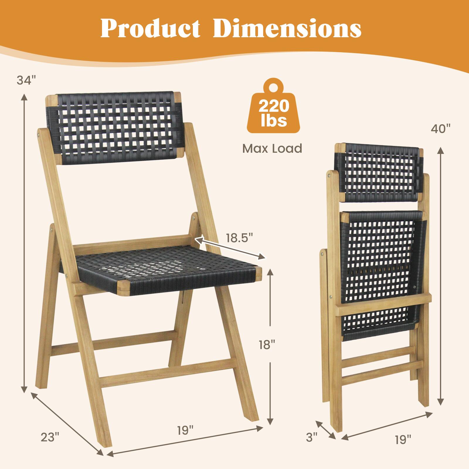 Product Dimensions  
34" x 18.5" x 18" x 23" x 19"  
Max Load: 220 lbs  
40" x 19" x 3"