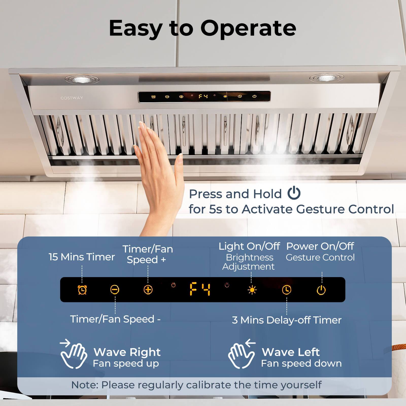 Easy to Operate

Press and Hold for 5s to Activate Gesture Control

- Timer/Fan Speed + Light On/Off Power On/Off Brightness Gesture Control Adjustment
- 15 Mins Timer
- 3 Mins Delay-off Timer
- Wave Right Fan speed up
- Wave Left Fan speed down

Note: Please regularly calibrate the time yourself