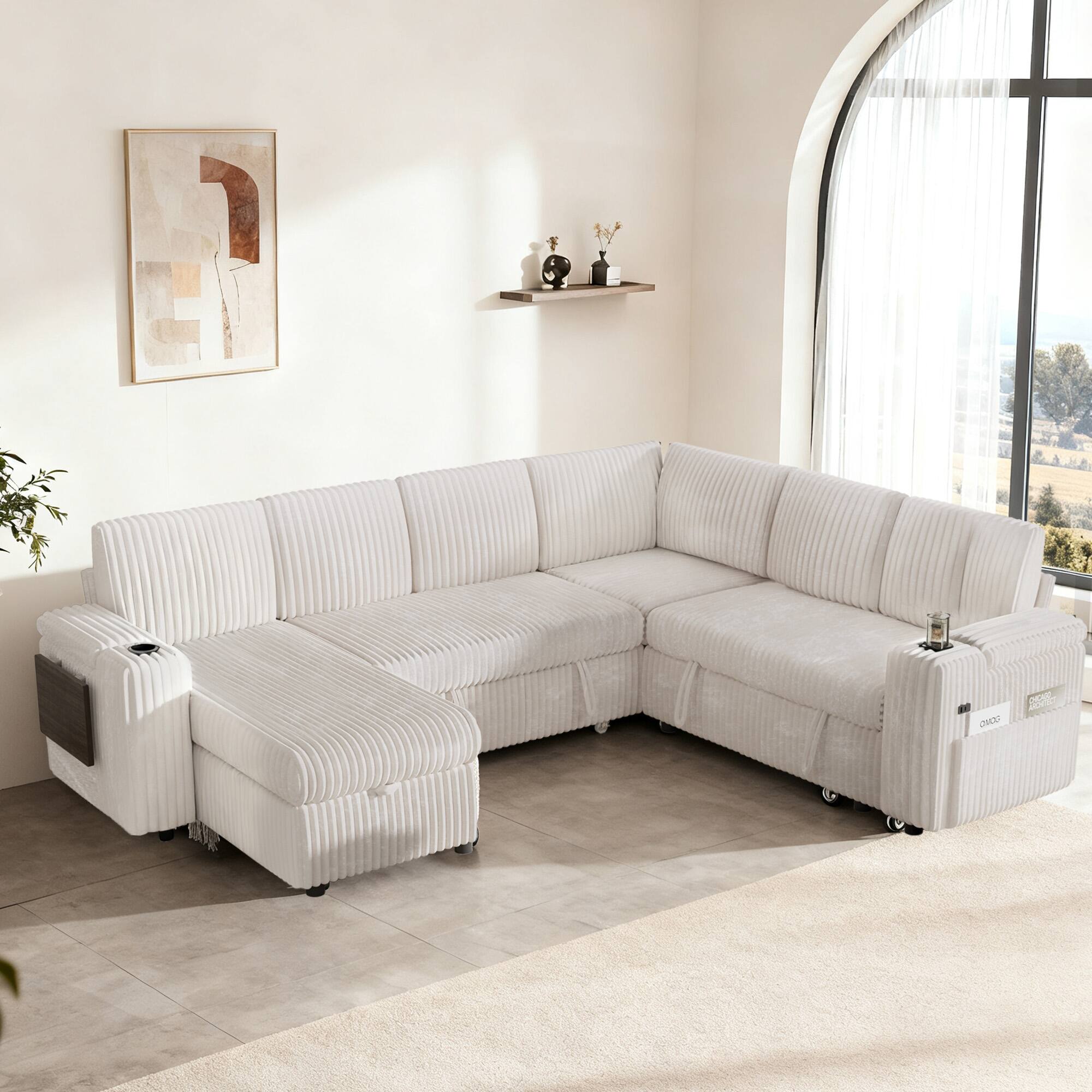 Alt View 1. Dyonery - 110" Modular 7 Seat L Shaped Couch with Reclining Backrest|USB Ports|Cup Holders|Side Table|Storage Chaise Armrests - Beige.