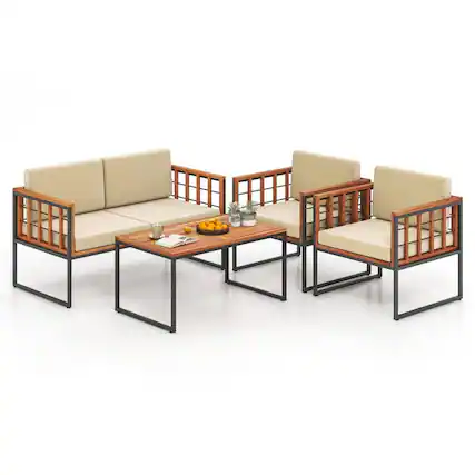 Front. Kadyn - 4 Pieces Acacia Wood Outdoor Sofa Set Outdoor Sofa Sectional , Coffee Table for Patio Back Deck, Balcany, Poolside - Beige.
