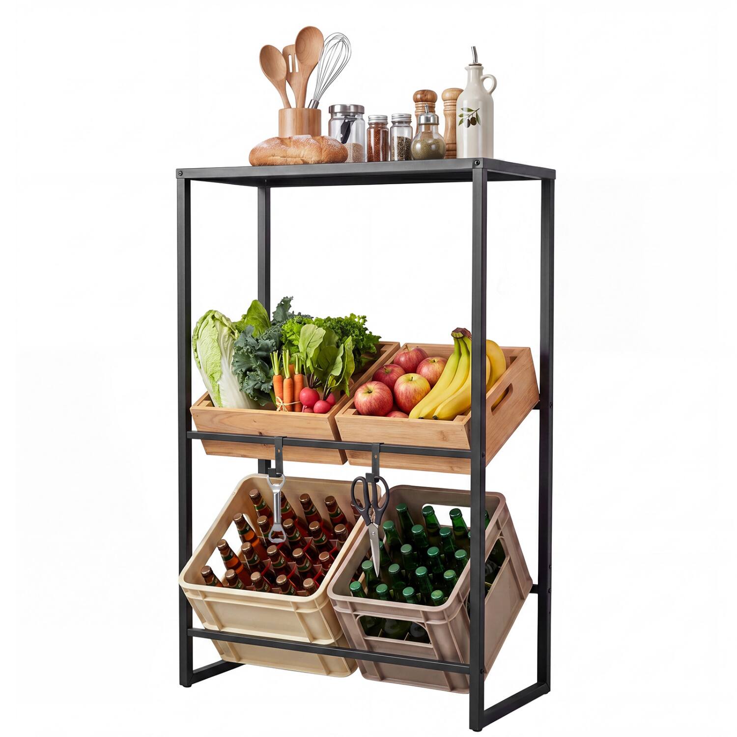 Alt View 1. Boyel Living - 3-Tier Drink Crate Rack with Top Shelf and 2 Hooks for Beer Water Soda and Pantry Storage Black - Black.
