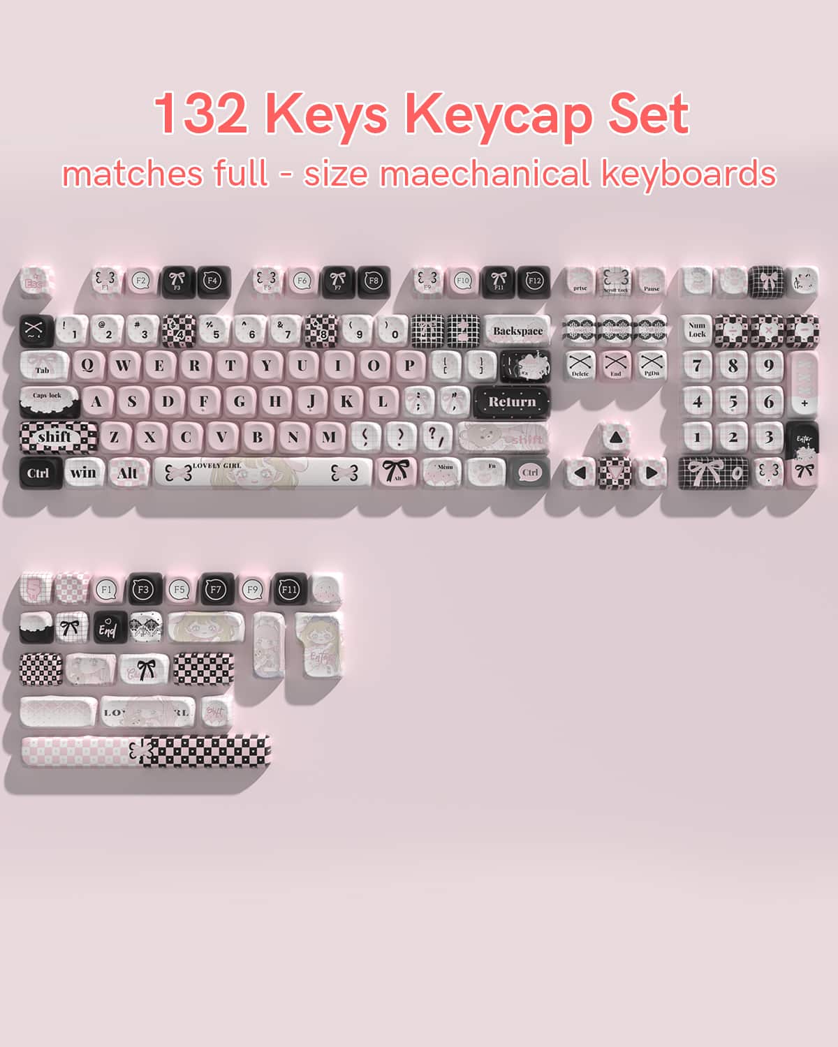 Womier - MOA Profile PBT Keycaps,Cute Style Keycap Set with Cute Icons for All US Layout Cherry MX Switch Mechanical Keyboard - Black-Pink