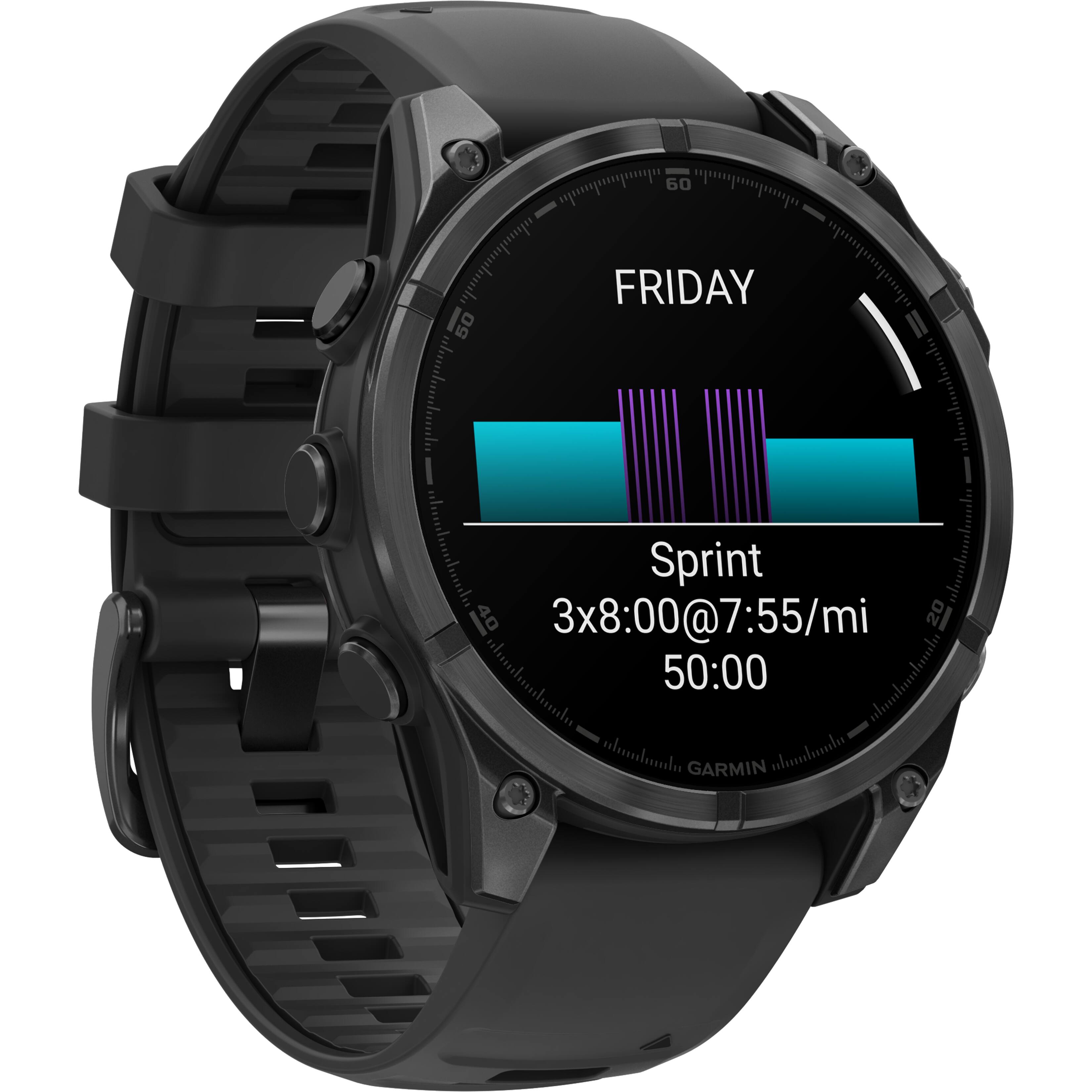 The text on the image reads: "60 FRIDAY Sprint 40 3x8:00@7:55/mi 20 50:00 allawhua - nlmbuda GARMIN alamhual." This text is grouped and corrected as follows:

"60 FRIDAY Sprint 40 3x8:00@7:55/mi 20 50:00 allawhua - nlmbuda GARMIN alamhual."

The text is a description of a watch face, which shows the date, day, and time. The watch is designed for a specific activity, such as running or cycling, and it displays the distance, pace, and time elapsed. The watch face also shows the current time and the time of the activity.