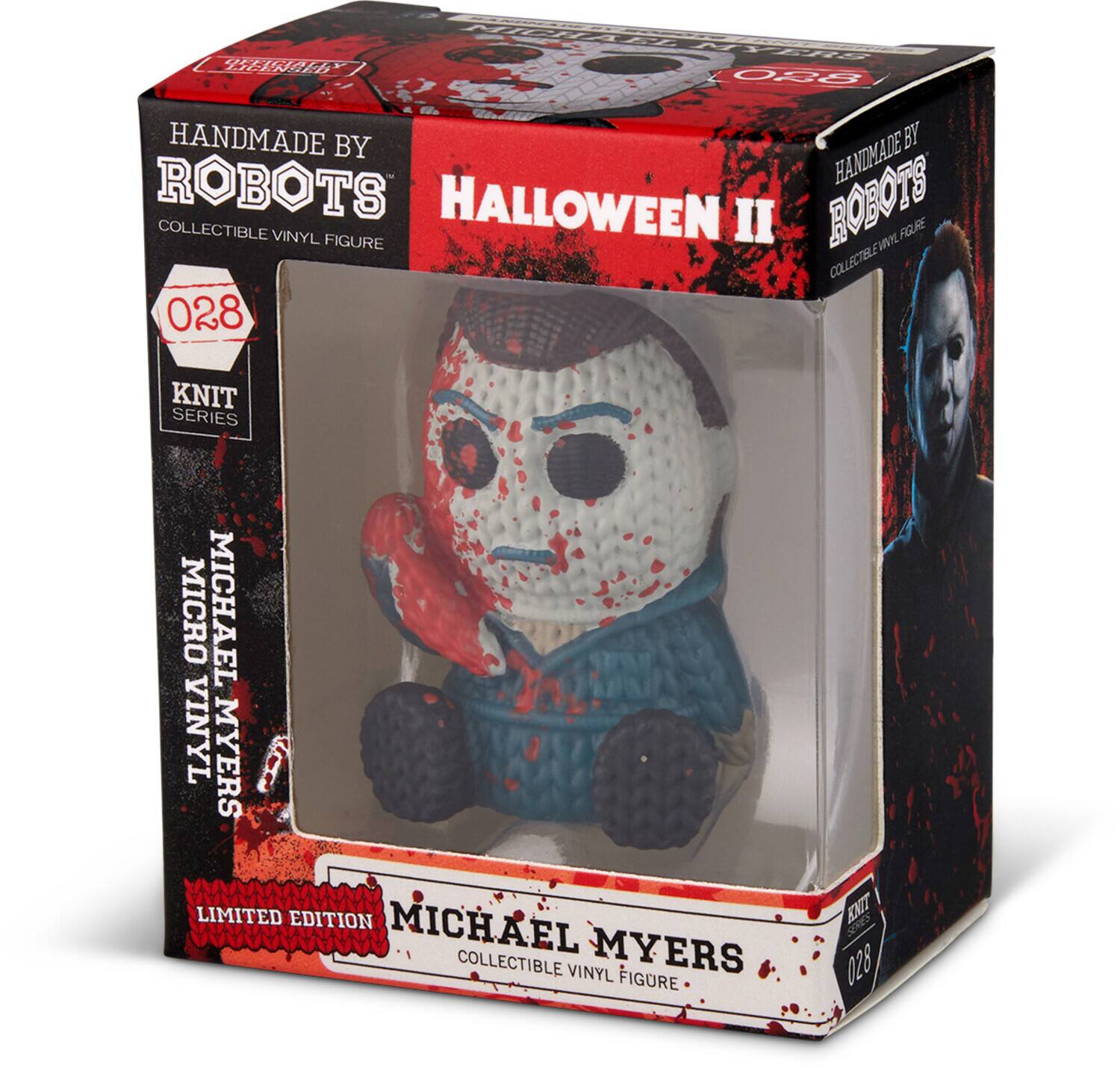 The text on the image can be grouped and corrected as follows:

- **Product Name:** Handmade by Robots Collectible Vinyl Figure
- **Series:** Knit Series
- **Number:** 028
- **Character:** Michael Myers
- **Movie:** Halloween II
- **Edition:** Limited Edition
- **Description:** Handmade by Robots, Collectible Vinyl Figure

The corrected text is:

"Handmade by Robots Collectible Vinyl Figure, Knit Series 028, Michael Myers, Halloween II, Limited Edition."