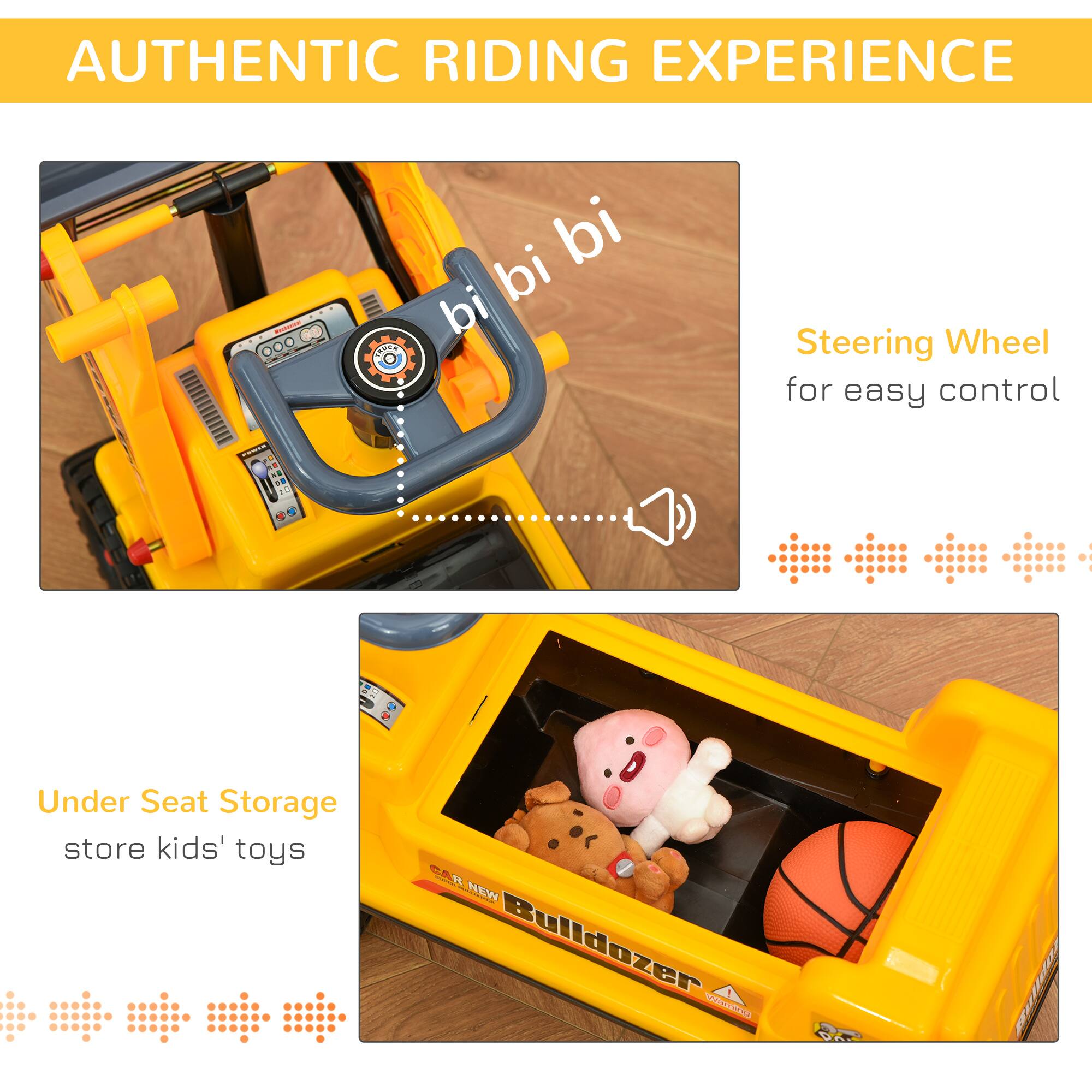 AUTHENTIC RIDING EXPERIENCE

Steering Wheel for easy control

Under Seat Storage store kids' toys