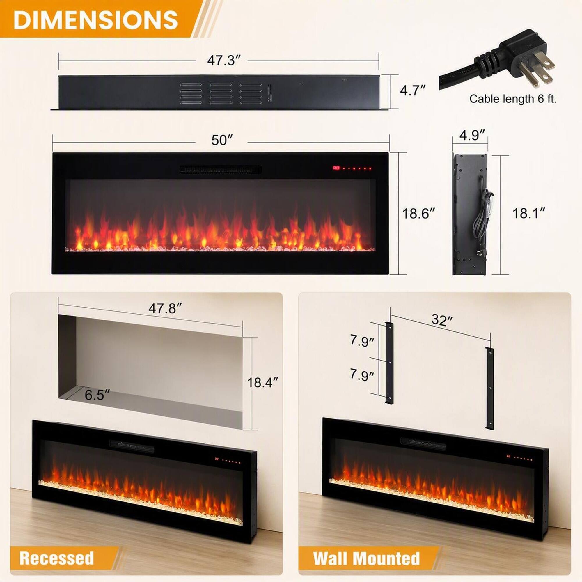 DIMENSIONS

47.3"  
4.7"  
Cable length 6 ft.  
50"  
4.9"  
18.6"  
18.1"  
6.5"  
47.8"  
18.4"  
7.9"  
7.9"  
32"  

Recessed  
Wall Mounted