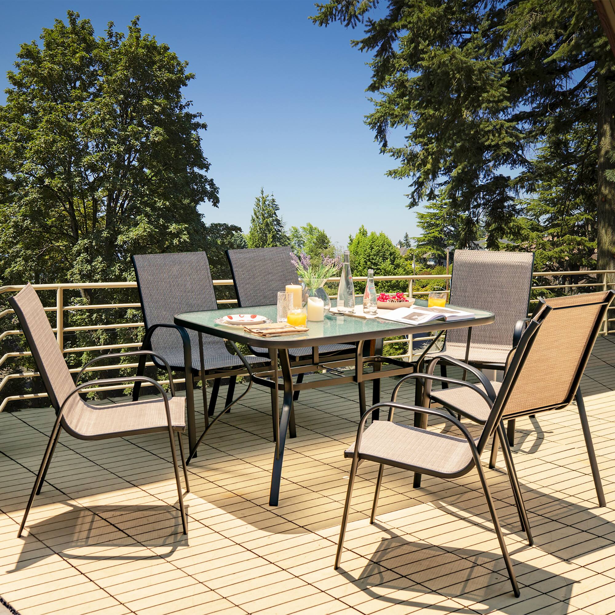 Alt View 8. Gymax - Gymax 7PCS Patio Dining Furniture Set w/ 6 Stackable Armchairs & Umbrella Hole - Brown.