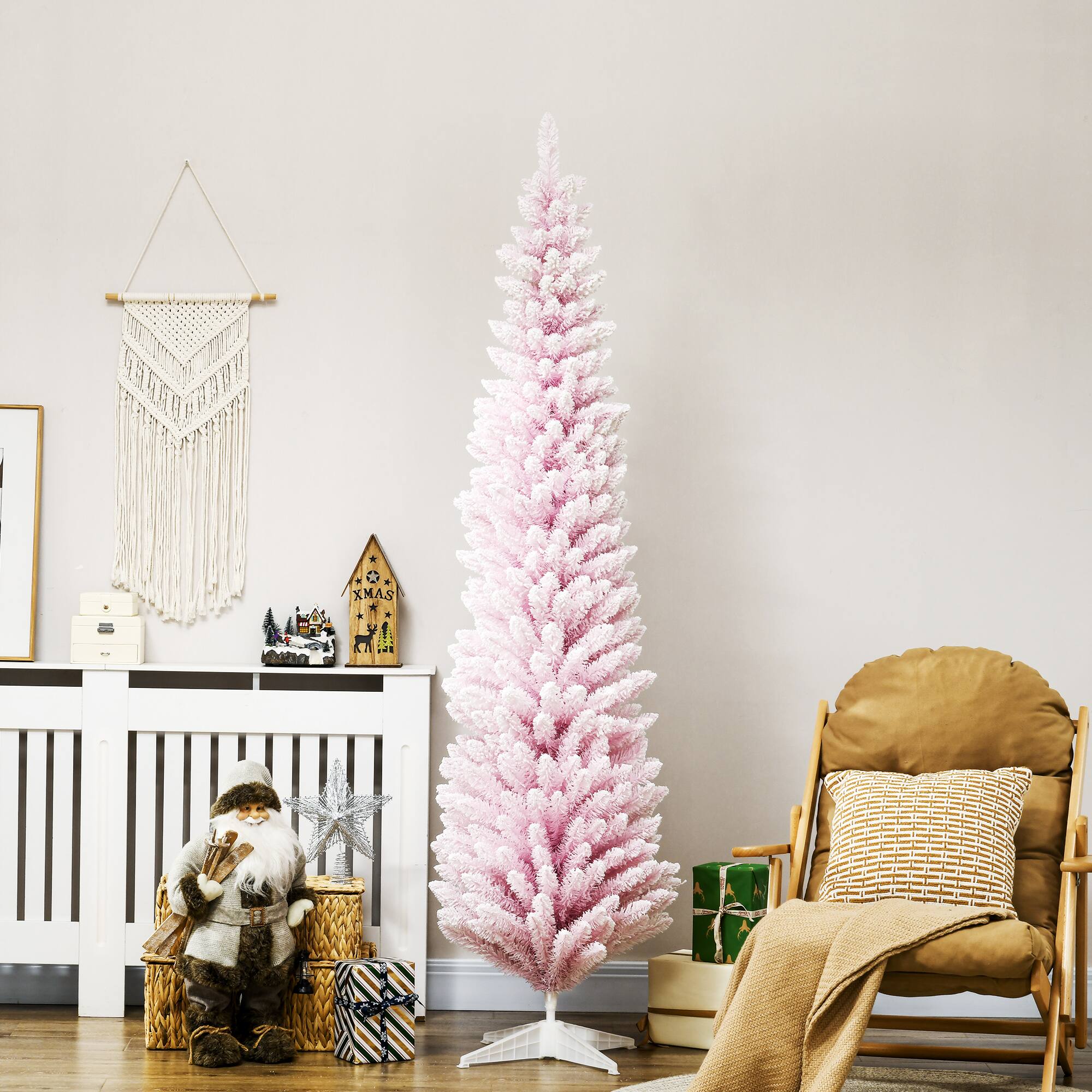 Alt View 1. Homcom - Decorated Christmas Tree Snow Flocked Artificial Christmas Tree with Pencil Shape - Pink.