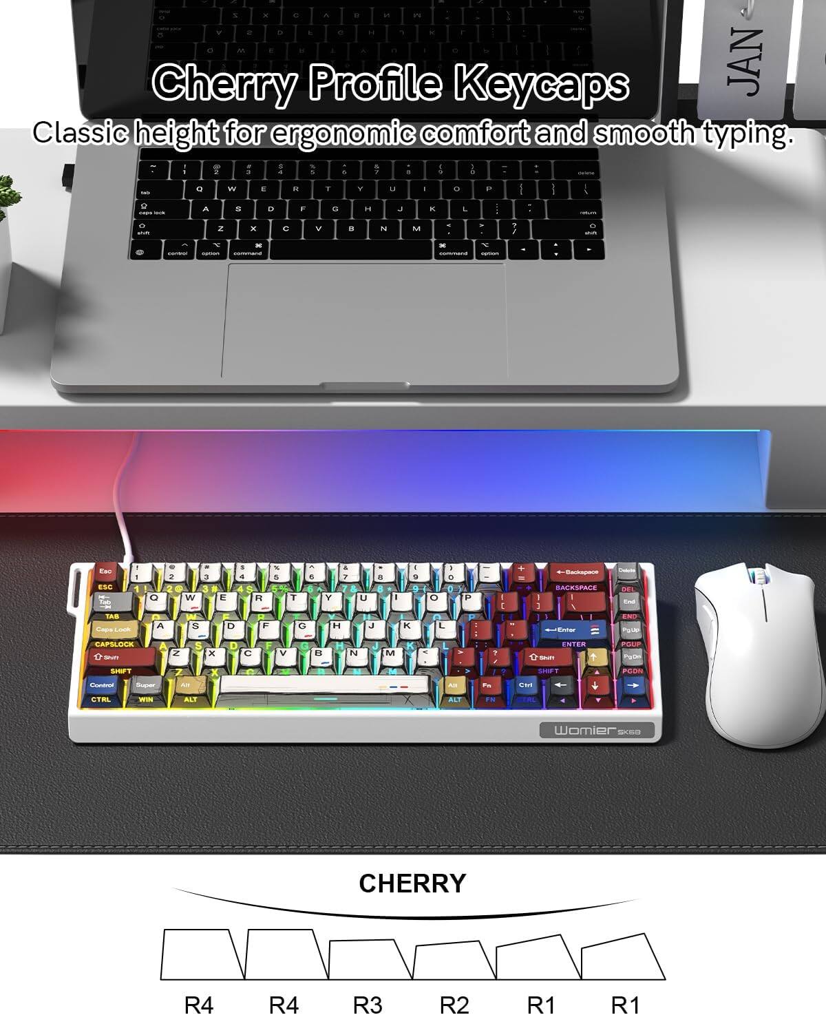 Cherry Profile Keycaps  
Classic height for ergonomic comfort and smooth typing.  

ESC 1 TAB 2 CAPSLOCK 3 SHIFT 4 Z 5 X 6 C 7 V 8 B 9 N 0 M - . /  
Q 1 W 2 E 3 R 4 T 5 Y 6 U 7 I 8 O 9 P 0 [ { ] } |  
A 1 S 2 D 3 F 4 G 5 H 6 J 7 K 8 L 9 ; : ' "  
Z 1 X 2 C 3 V 4 B 5 N 6 M 7 , 8 . 9 / 0 ?  
CTRL WIN ALT FN  

CHERRY  
R4 R4 R3 R2 R1 R1