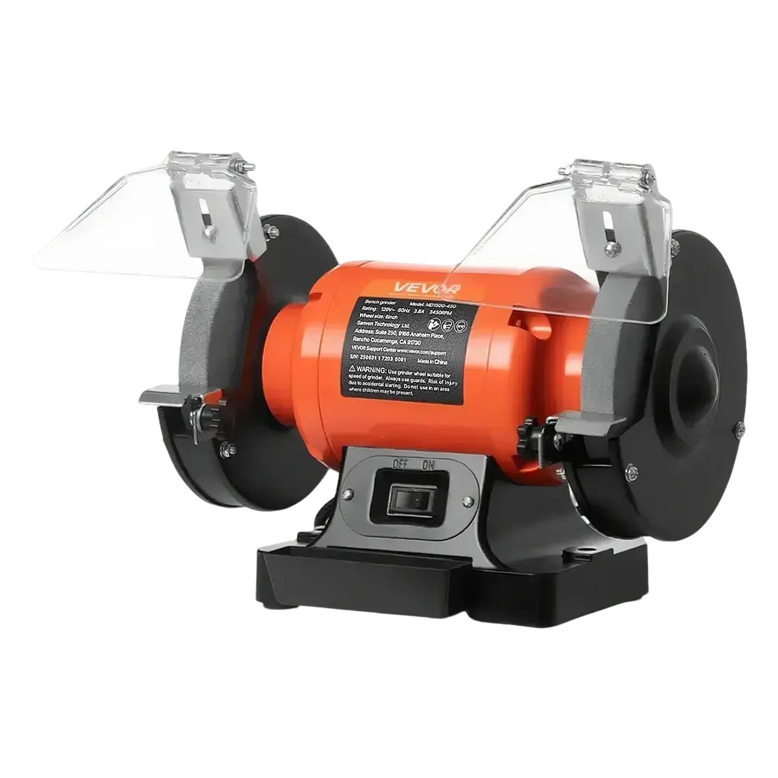 VEVOR  
Model: 401500-450  
Voltage: 110V/220V  
Frequency: 60Hz  
Power: 3.1K W  
RPM: 3800  
Made in China  

Address:  
Sota 250 FOL Araheim Rancho Place,  
Cucamonga, CA 91701  

ID Support Center:  
24 support 250606 7203  

WARNING:  
Use grinder wheel with Nutrable speed grinder.  
Do not use where children may be present.  

OFF  
ON