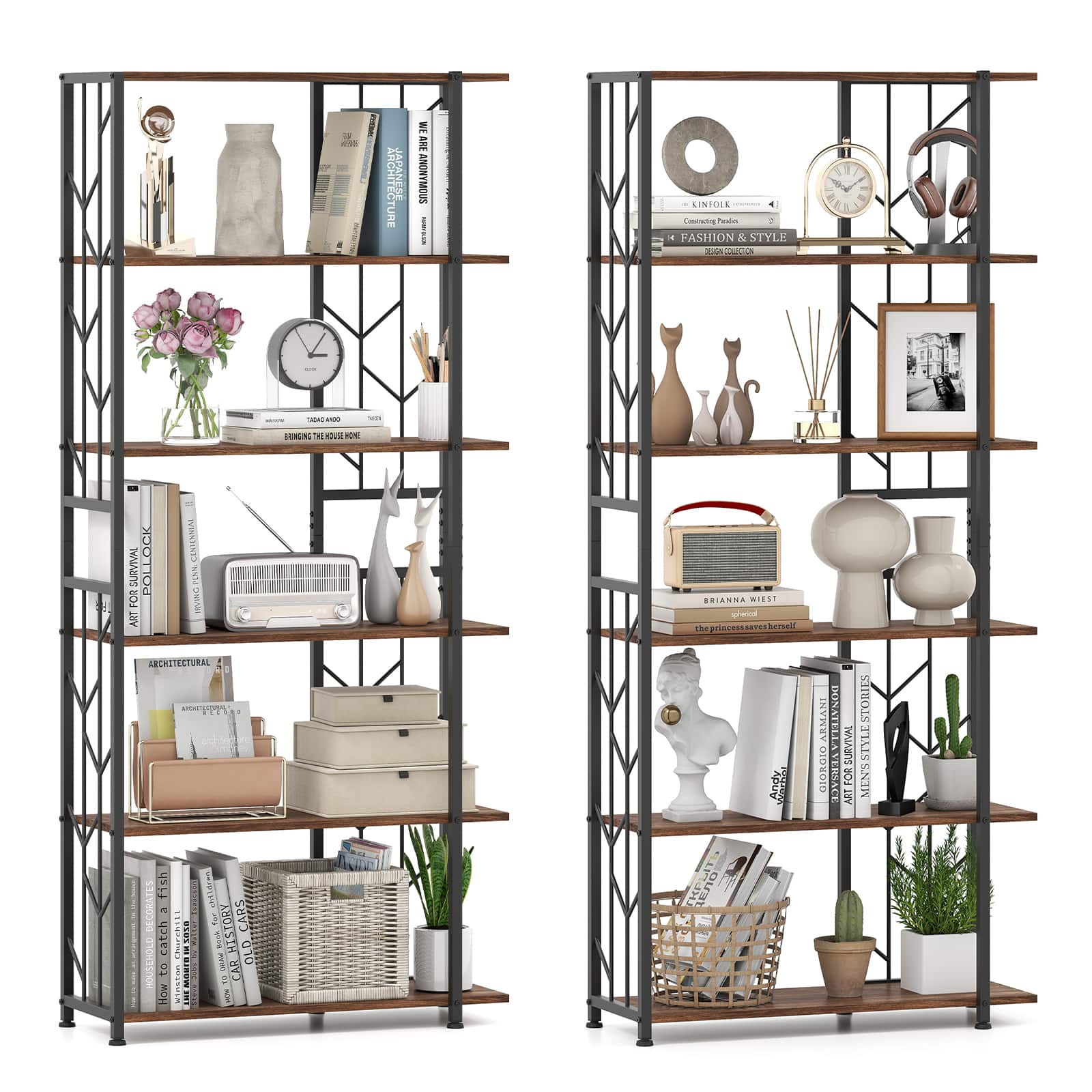 Gymax - 2PCS 6-Tier Bookshelf w/Heavy-duty Metal Frame2 Anti-tipping Kits for Study Rustic - Brown