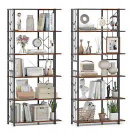 Gymax - 2PCS 6-Tier Bookshelf w/Heavy-duty Metal Frame2 Anti-tipping Kits for Study Rustic - Brown