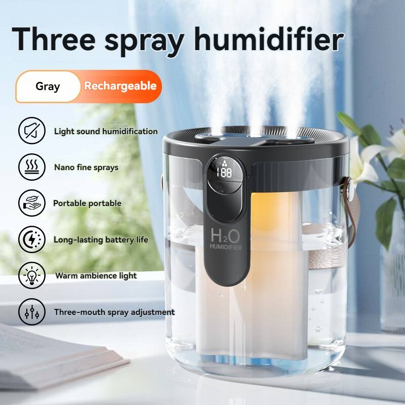 Three spray humidifier  
Gray  
Rechargeable  
Light sound humidification  
Nano fine sprays  
Portable  
Long-lasting battery life  
Warm ambience light  
Three-mouth spray adjustment  
H2O HUMIDIFIER