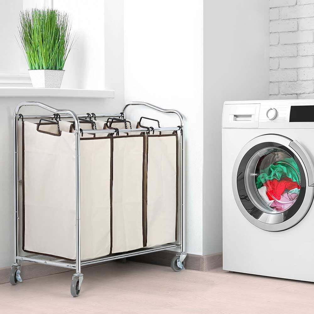 Alt View 2. Oumilen - 3-Section Rolling Laundry Sorter Cart – Chrome Frame with 3 Removable Beige Fabric Bags - Beige.