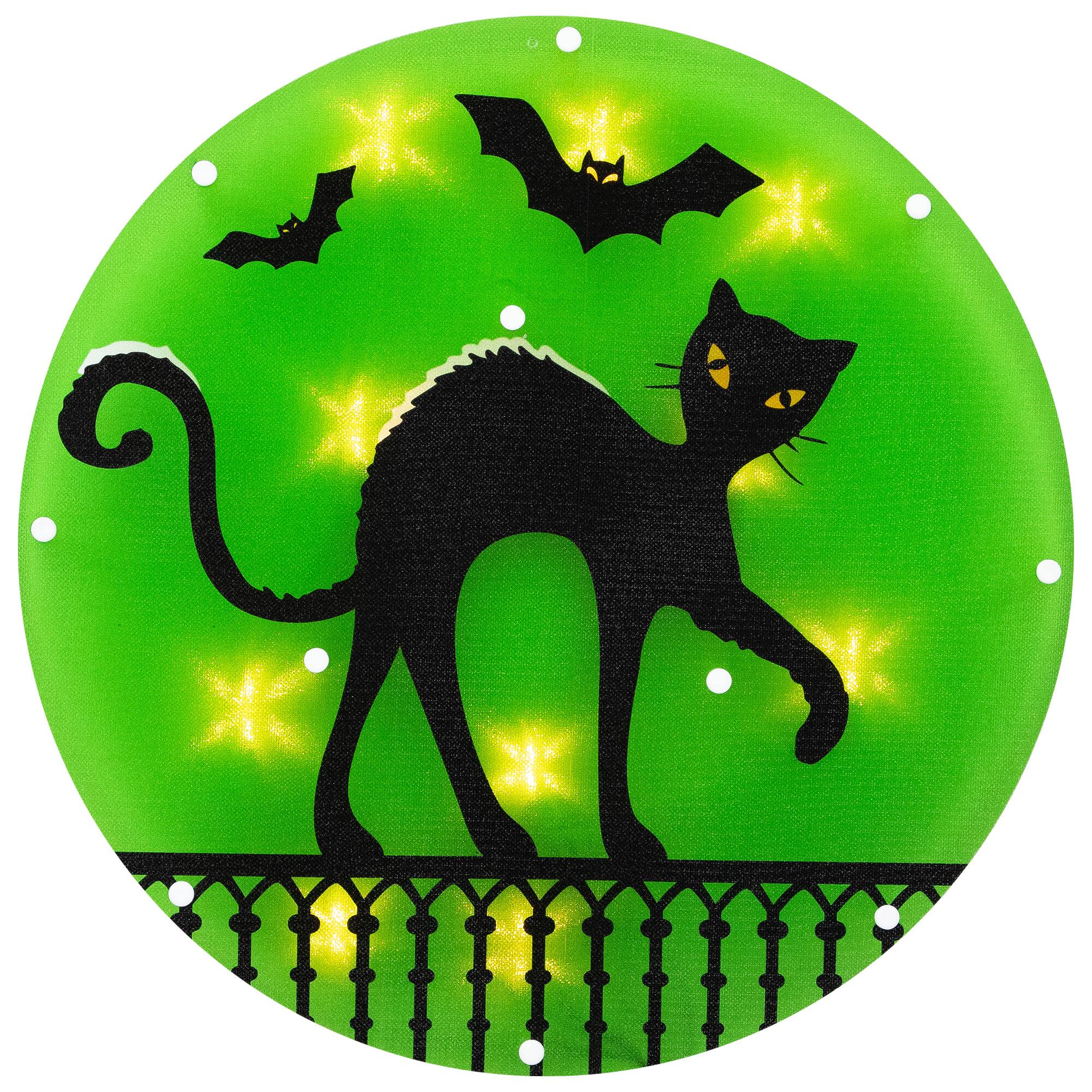 Alt View 1. Northlight - Lighted Black Cat with Bats Halloween Window Decoration - 13.75" - Green.