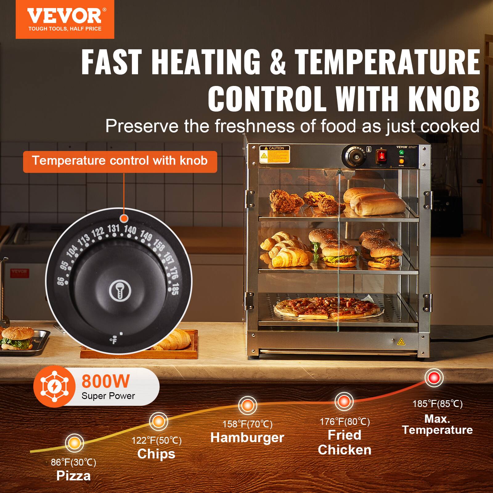 VEVOR TOUGH TOOLS, HALF PRICE

FAST HEATING & TEMPERATURE CONTROL WITH KNOB
Preserve the freshness of food as just cooked

Temperature control with knob

VEVOR

800W Super Power

122F(50C) Chips
158F(70C) Hamburger
176F(80C) Fried Chicken
185F(85C) Max. Temperature
86F(30C) Pizza