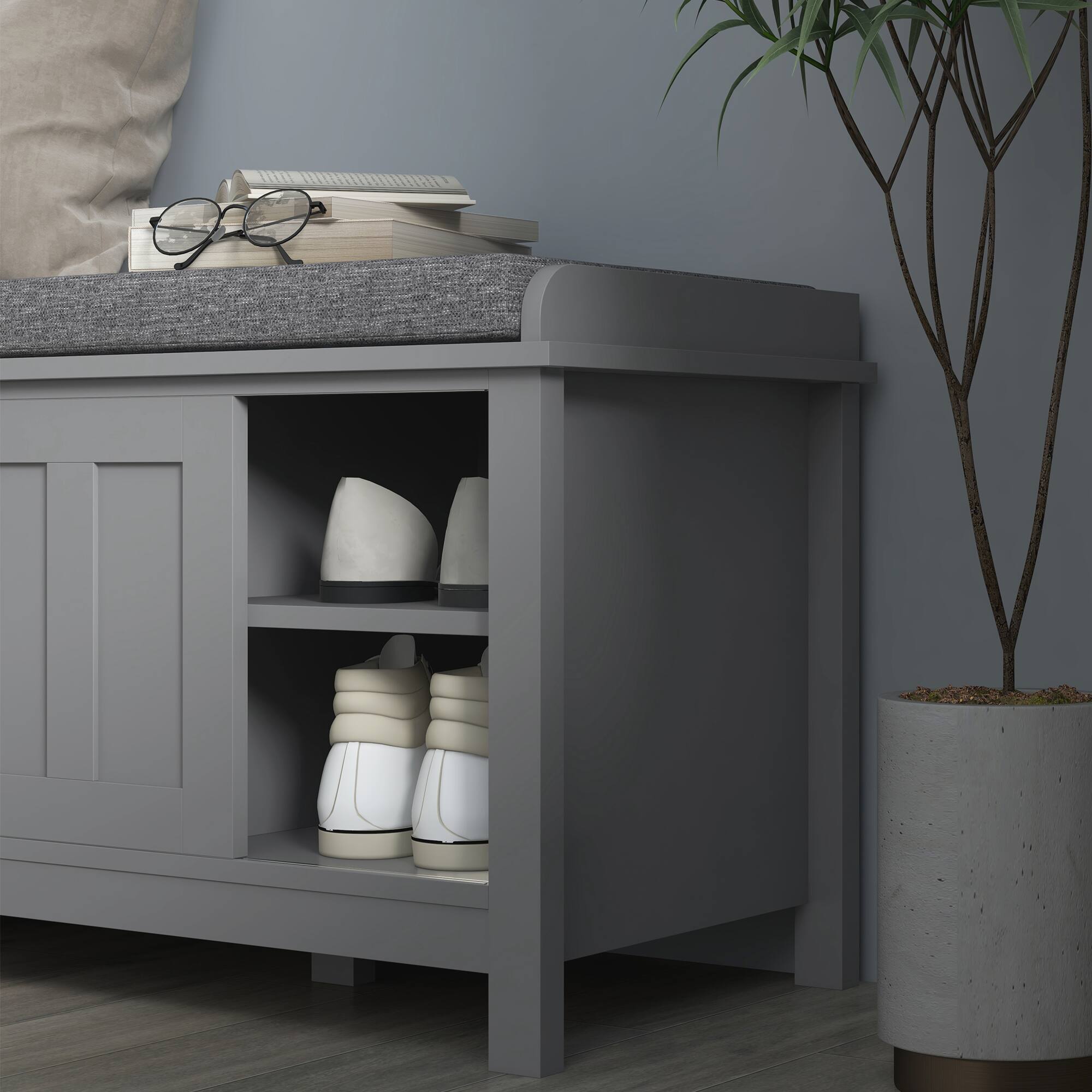 Alt View 7. Homcom - Entryway Shoe Bench Storage Ottoman with Sliding Doors, Adjustable Shelving, 6 Compartments, and Padded Seat - Gray.