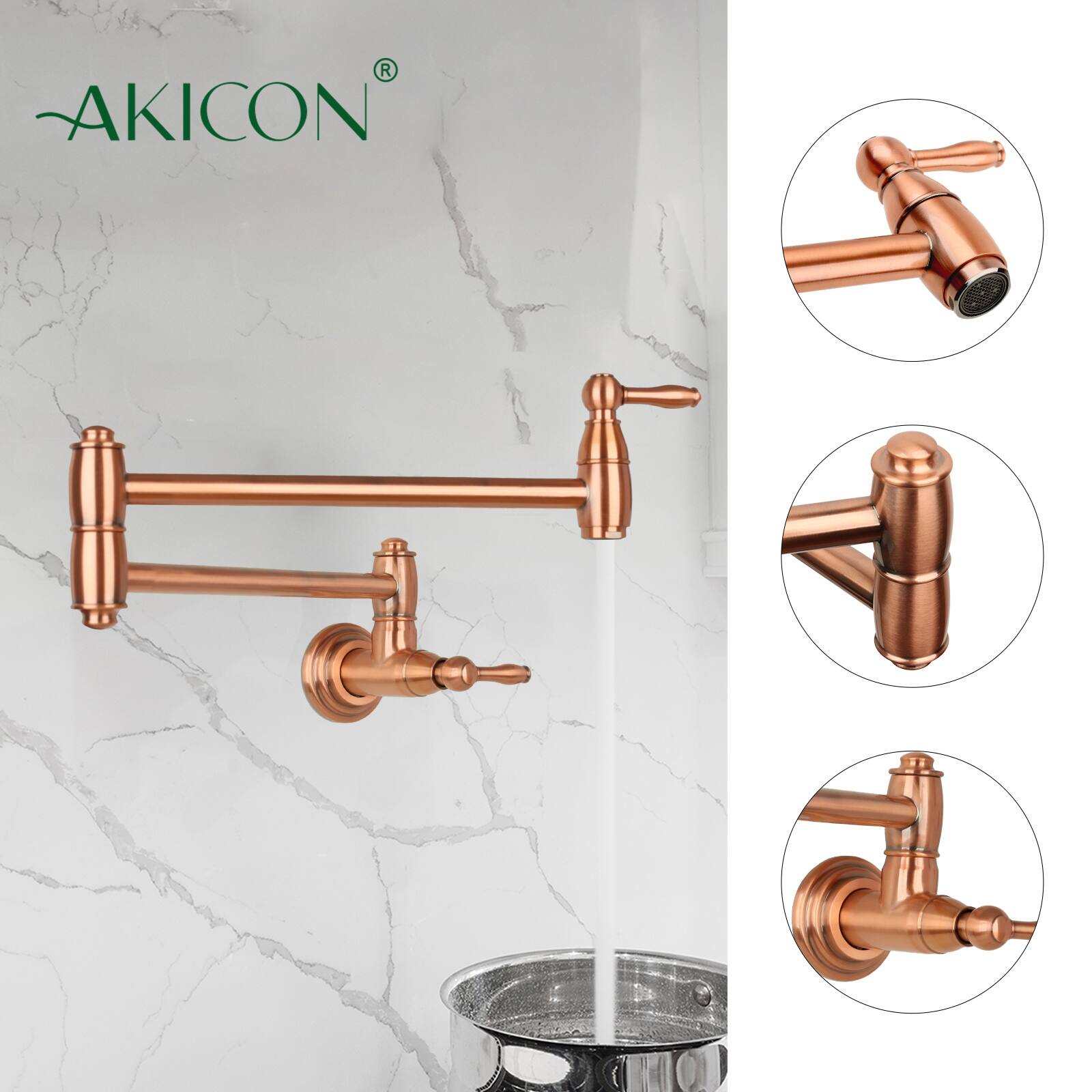 Alt View 2. Akicon - Akicon Wall-Mounted Solid Brass Pot Filler Kitchen Faucet with Dual Joint Swing Arms for Stovetop in Copper - Copper.