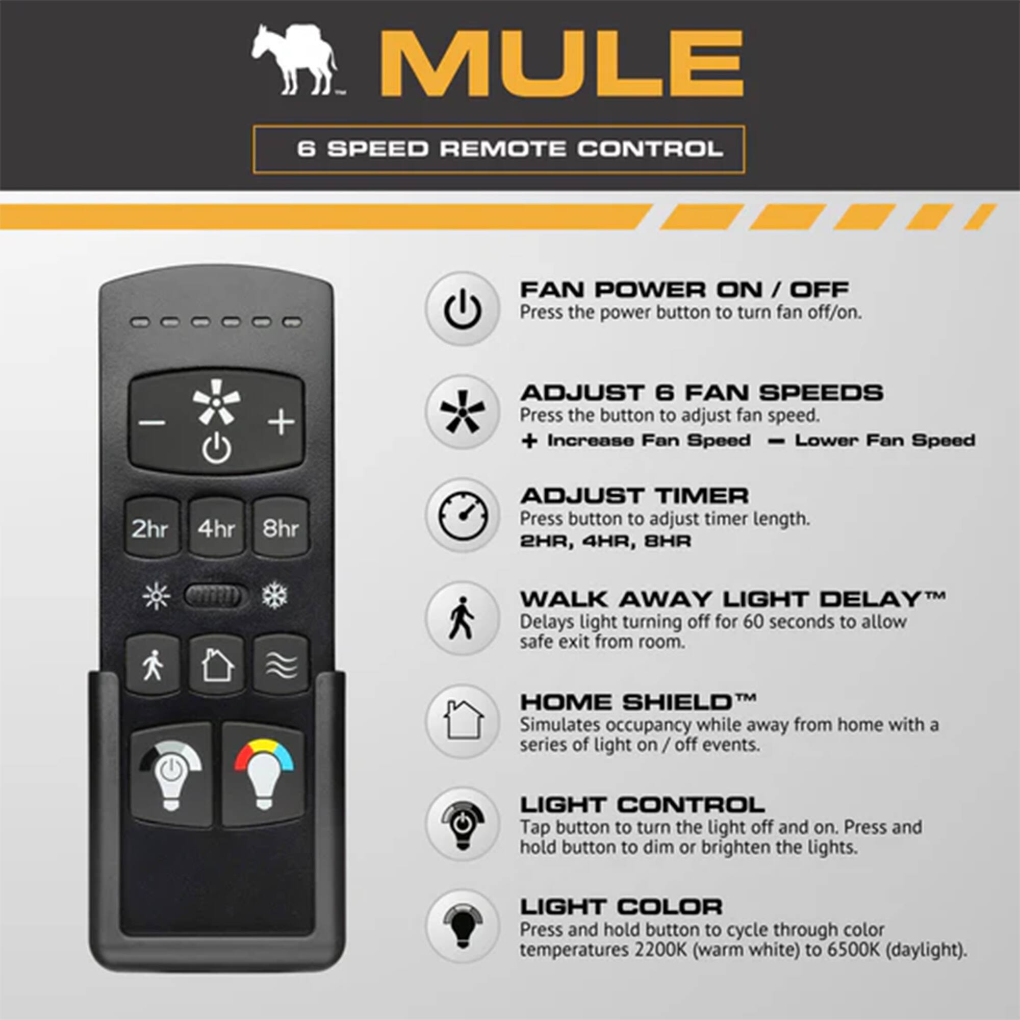 MULE 6 SPEED REMOTE CONTROL

FAN POWER ON / OFF
Press the power button to turn fan off/on.

ADJUST 6 FAN SPEEDS
Press the button to adjust fan speed.
+ Increase Fan Speed
- Lower Fan Speed

ADJUST TIMER
Press button to adjust timer length.
2HR, 4HR, 8HR

WALK AWAY LIGHT DELAY™
Delays light turning off for 60 seconds to allow safe exit from room.

HOME SHIELD™
Simulates occupancy while away from home with a series of light on / off events.

LIGHT CONTROL
Tap button to turn the light off and on. Press and hold button to dim or brighten the lights.

LIGHT COLOR
Press and hold button to cycle through color temperatures 2200K (warm white) to 6500K (daylight).
