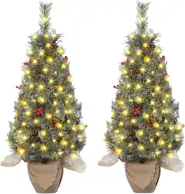 GARVEE - 2pcs 3ft Pre-Lit Christmas Tree, Tabletop with 78 Warm White LED Lights, Berry Clusters, Battery Operated - Green 3ft 2pcs