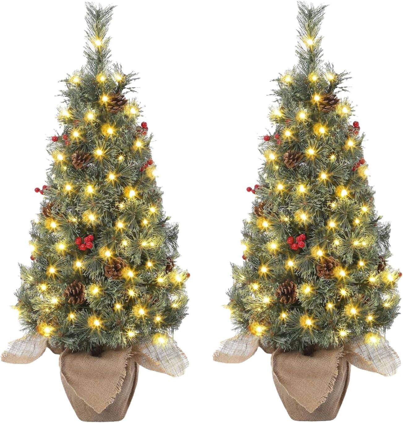 GARVEE - 2pcs 3ft Pre-Lit Christmas Tree, Tabletop with 78 Warm White LED Lights, Berry Clusters, Battery Operated - Green 3ft 2pcs