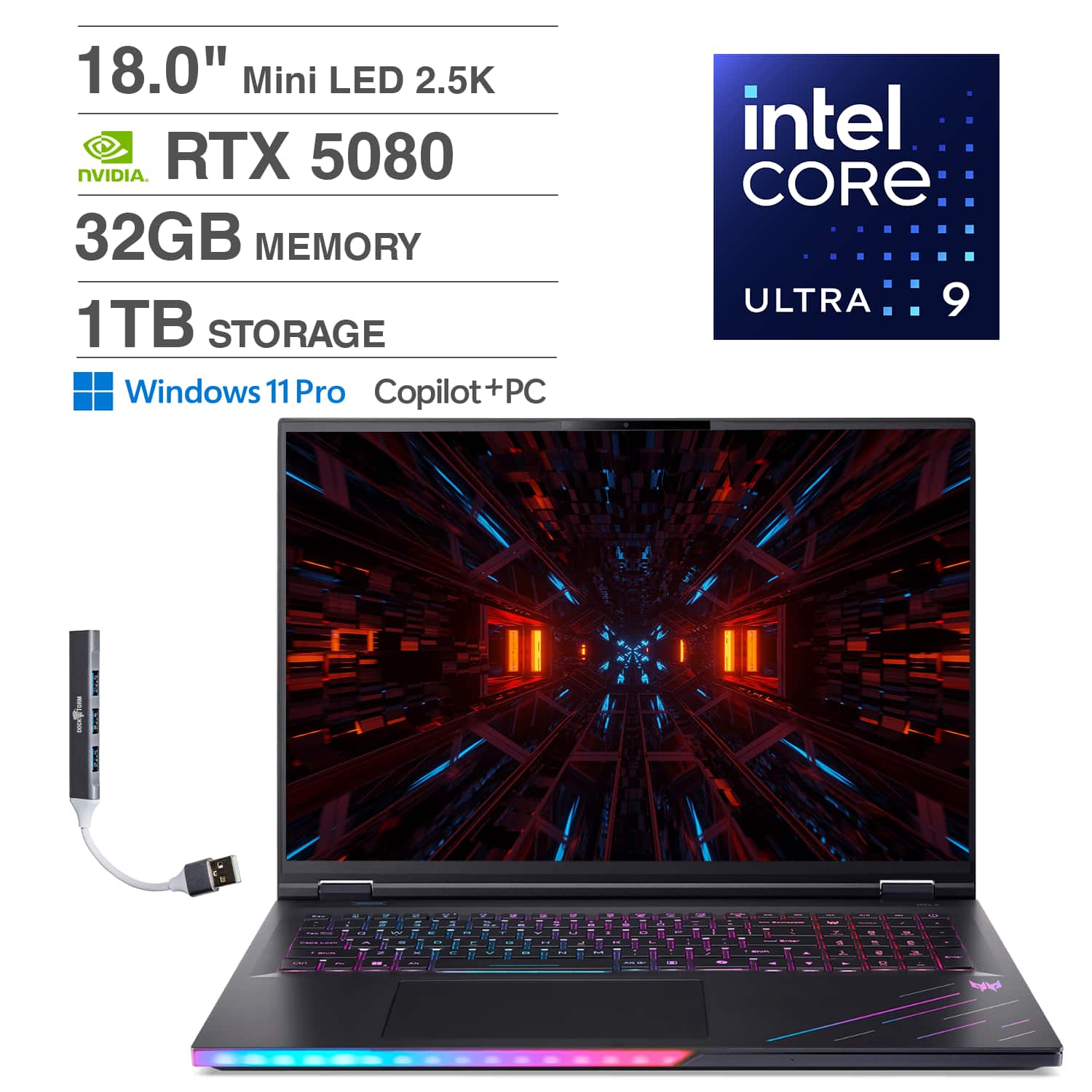 Acer - Predator Helios 18 AI Laptop 18 WQXGA (Intel Ultra 9- 275HX, 32GB DDR5, 1TB PCIe SSD, Win 11 Pro) w/USB Hub - Abyssal Black
