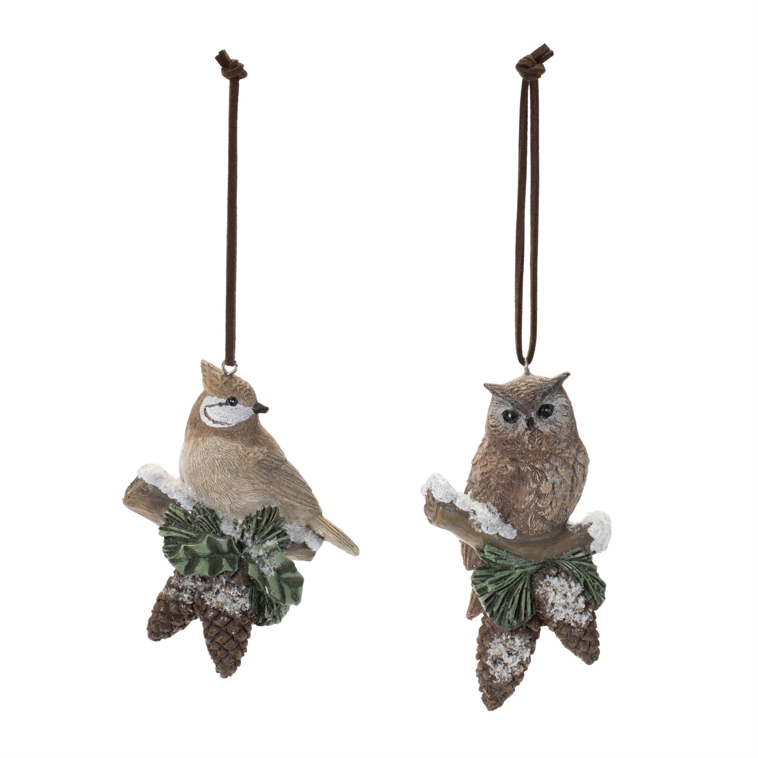 Left. BreeBe - Snowy Cardinal Bird and Owl Ornament (Set of 12) - Brown, Green.