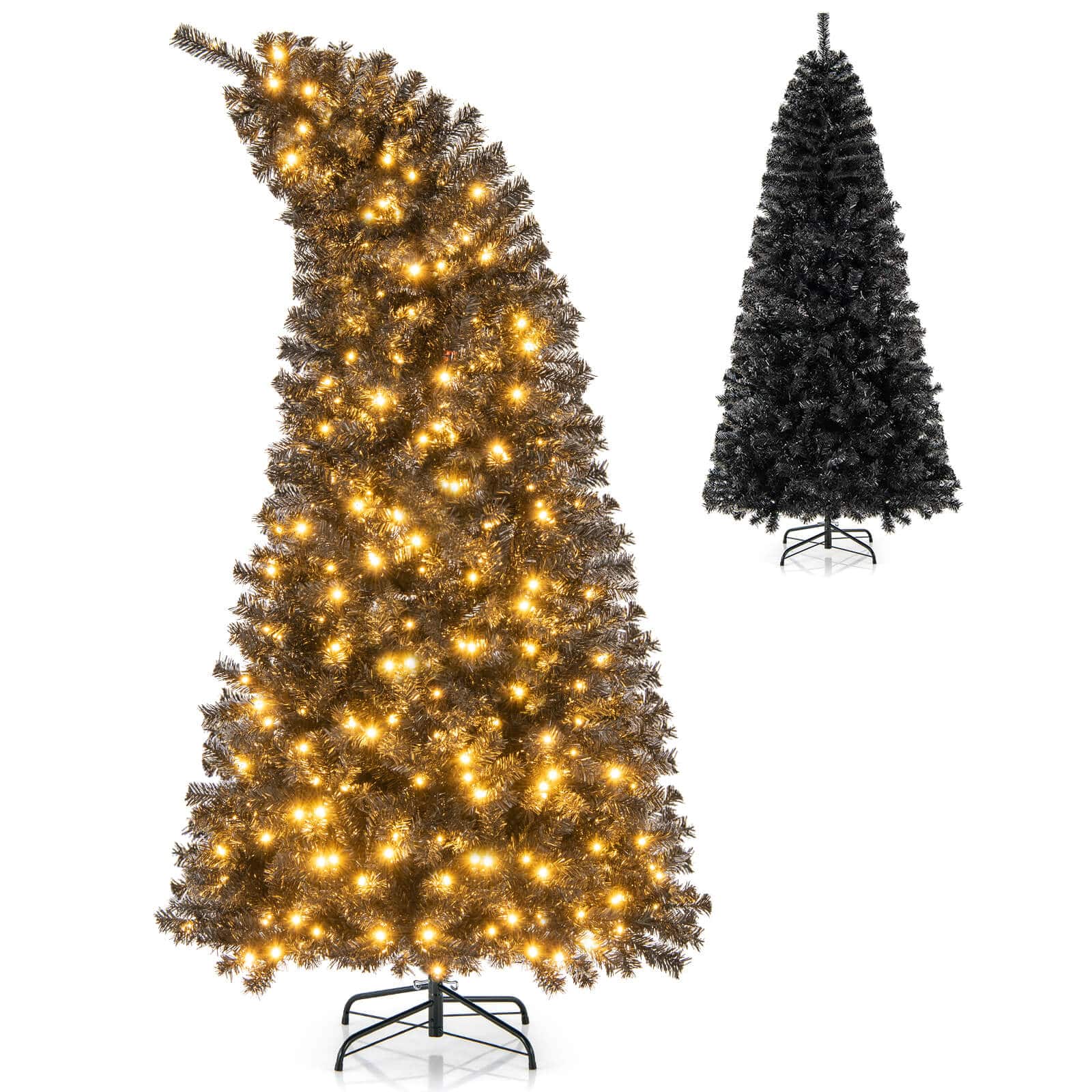 Costway - 7 FT Artificial Halloween Tree with Bendable Top Section 1050 Branch Tips 340 Lights - Black