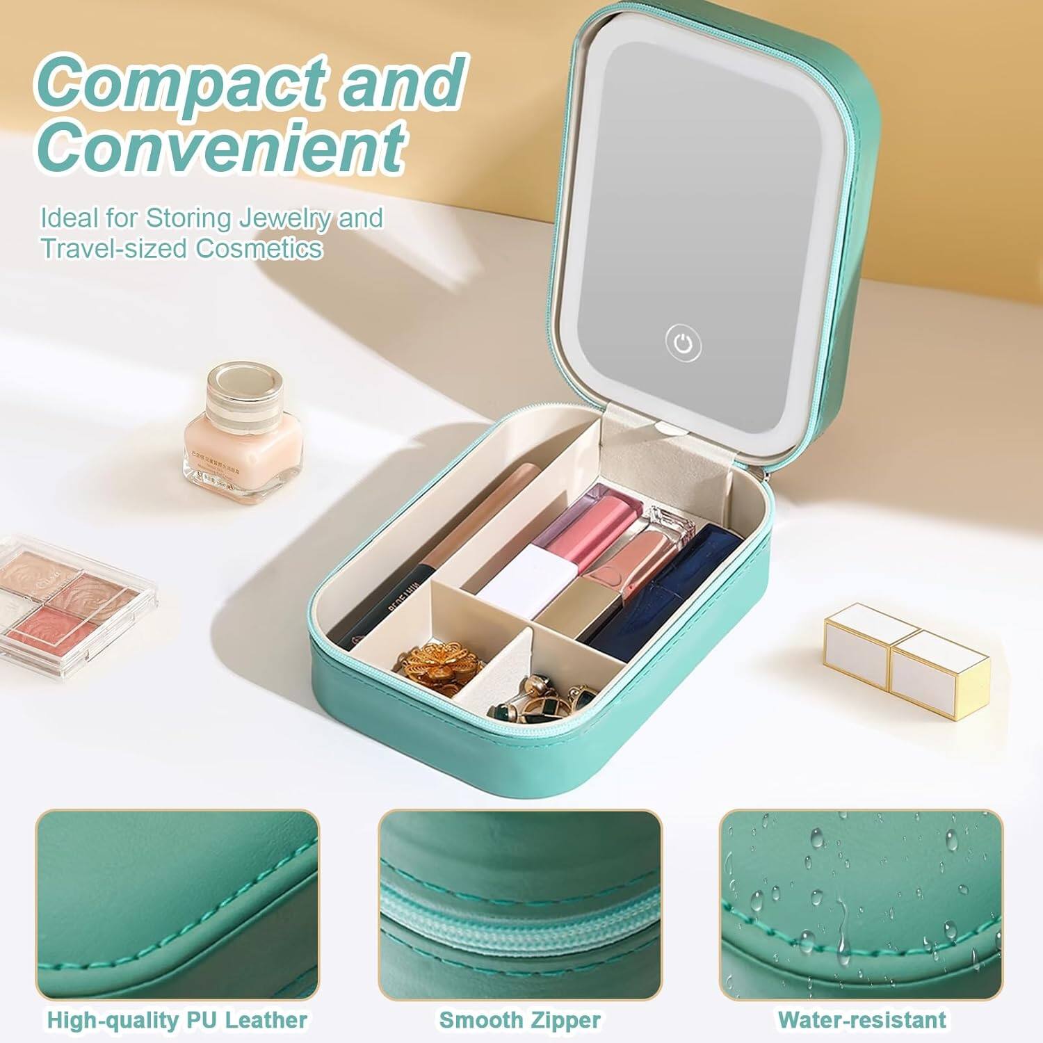 Compact and Convenient  
Ideal for Storing Jewelry and Travel-sized Cosmetics  

High-quality PU Leather  
Smooth Zipper  
Water-resistant