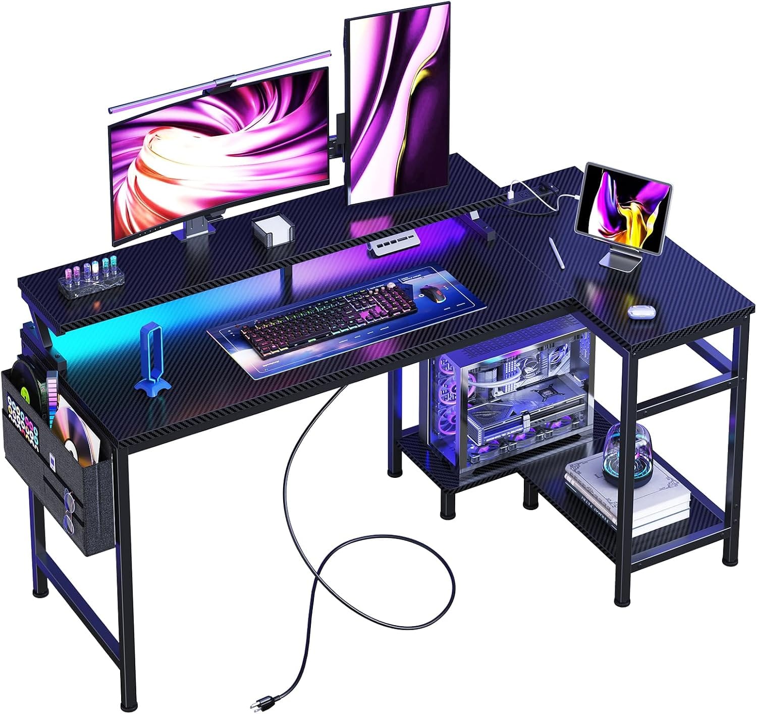 Sweet - 48" Gaming Desk with RGB Lights, L Shaped Computer Desk with Power Outlets, File Pockets & Monitor Stand - Black