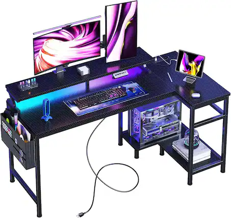 Front. Sweet - 48" Gaming Desk with RGB Lights, L Shaped Computer Desk with Power Outlets, File Pockets & Monitor Stand - Black.
