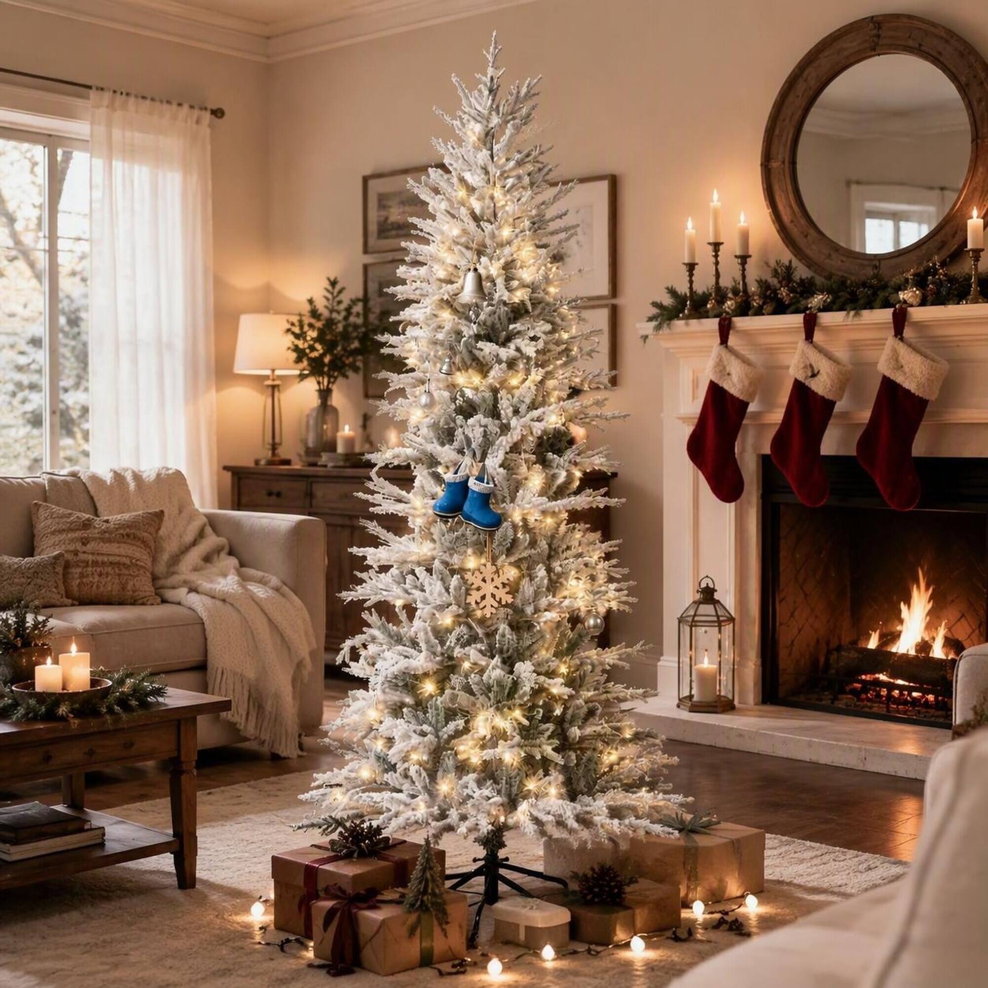 Angle. RYHNUYNE - Pre-Lit Artificial Flocked Christmas Tree, Snow Branches Warm Yellow Lights Auto-Open Design Dense Realistic Foliage - Green.