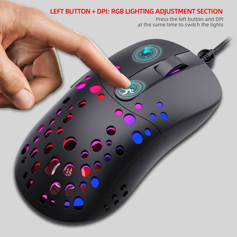 LEFT BUTTON + DPI: RGB LIGHTING ADJUSTMENT SECTION  
Press the left button and DPI at the same time to switch the lights