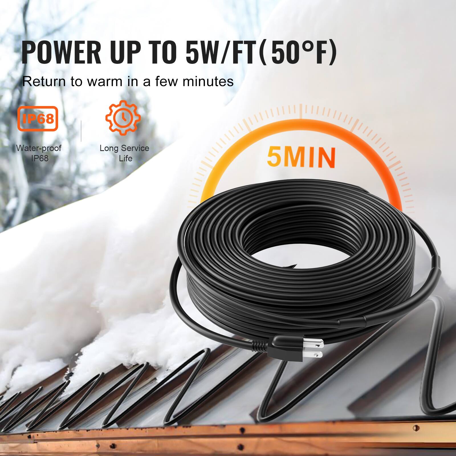 POWER UP TO 5W/FT (50°F)  
Return to warm in a few minutes  
IP68 Water-proof IP68  
Long Service Life  
5MIN