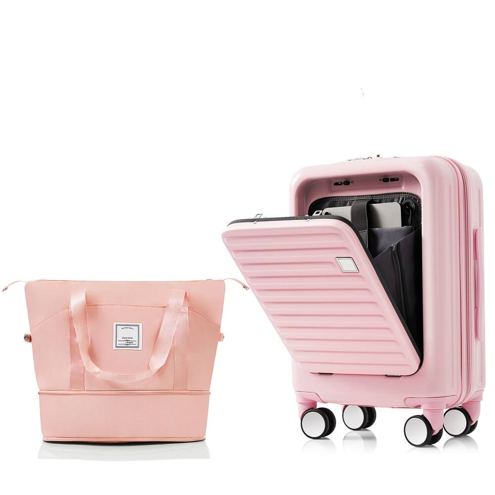 BreeBe - Front-Opening 20" Carry-On Luggage Set, Expandable ABS Hardshell Two-Piece Suitcase with USB Port and Cup Holder - Pink
