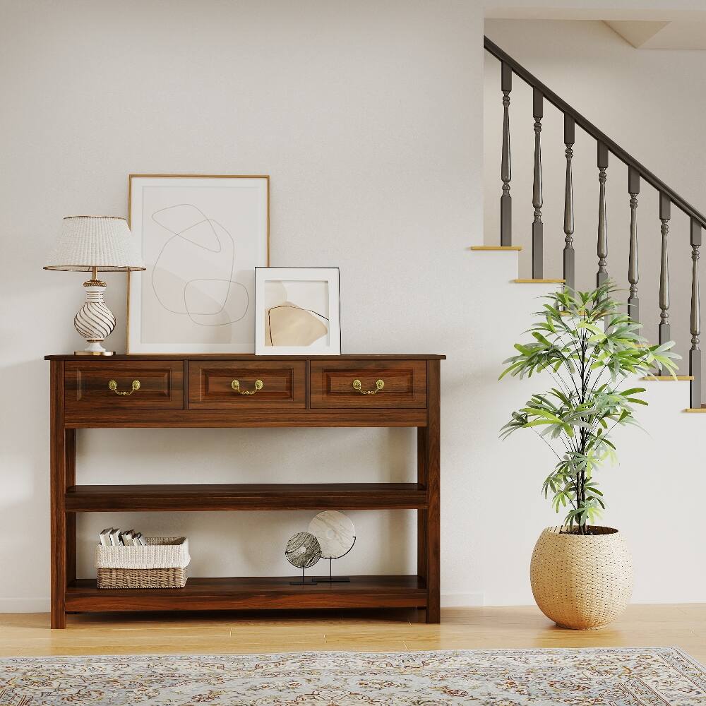 Alt View 4. Loheer - Loheer 63 Inch Wood Console Table with 3 Drawers, Rustic Sofa Table with Storage Shelves for Entryway, Walnut - Walnut.