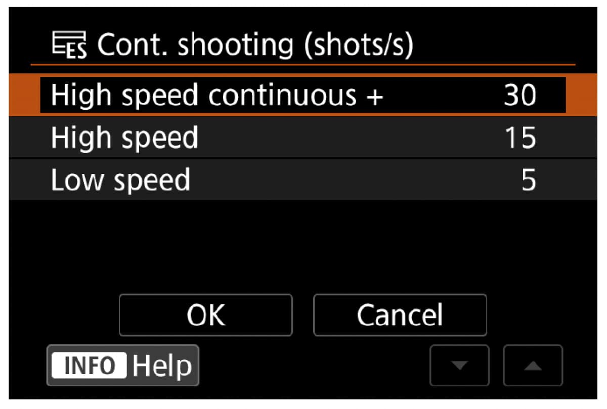 The text on the image is grouped as follows:
1. Continuous shooting (shots/s): High speed continuous + High speed
2. Low speed: 30
3. OK: Cancel
4. INFO: Help